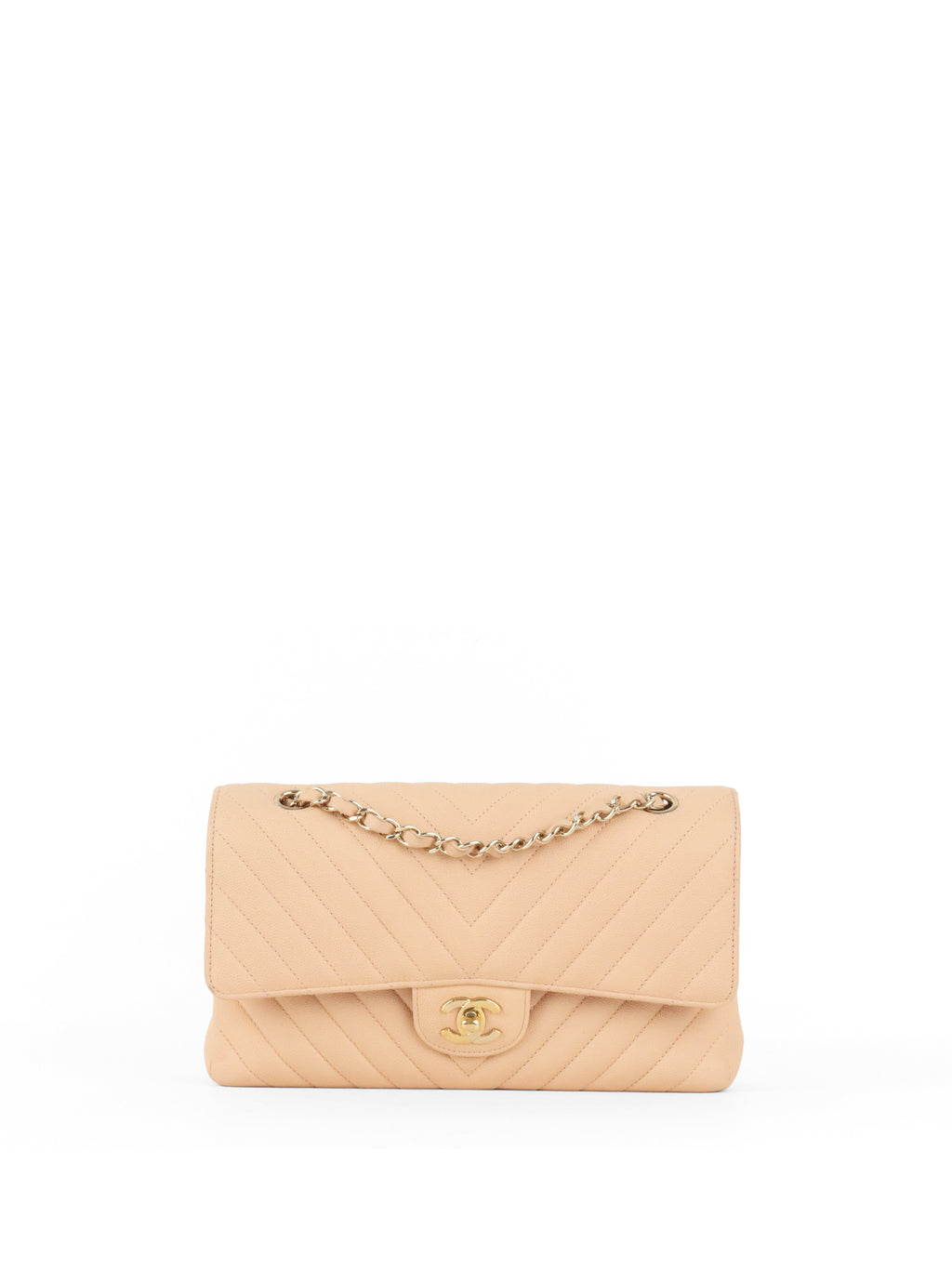 Chanel Beige Claire Chevron Caviar Classic Flap