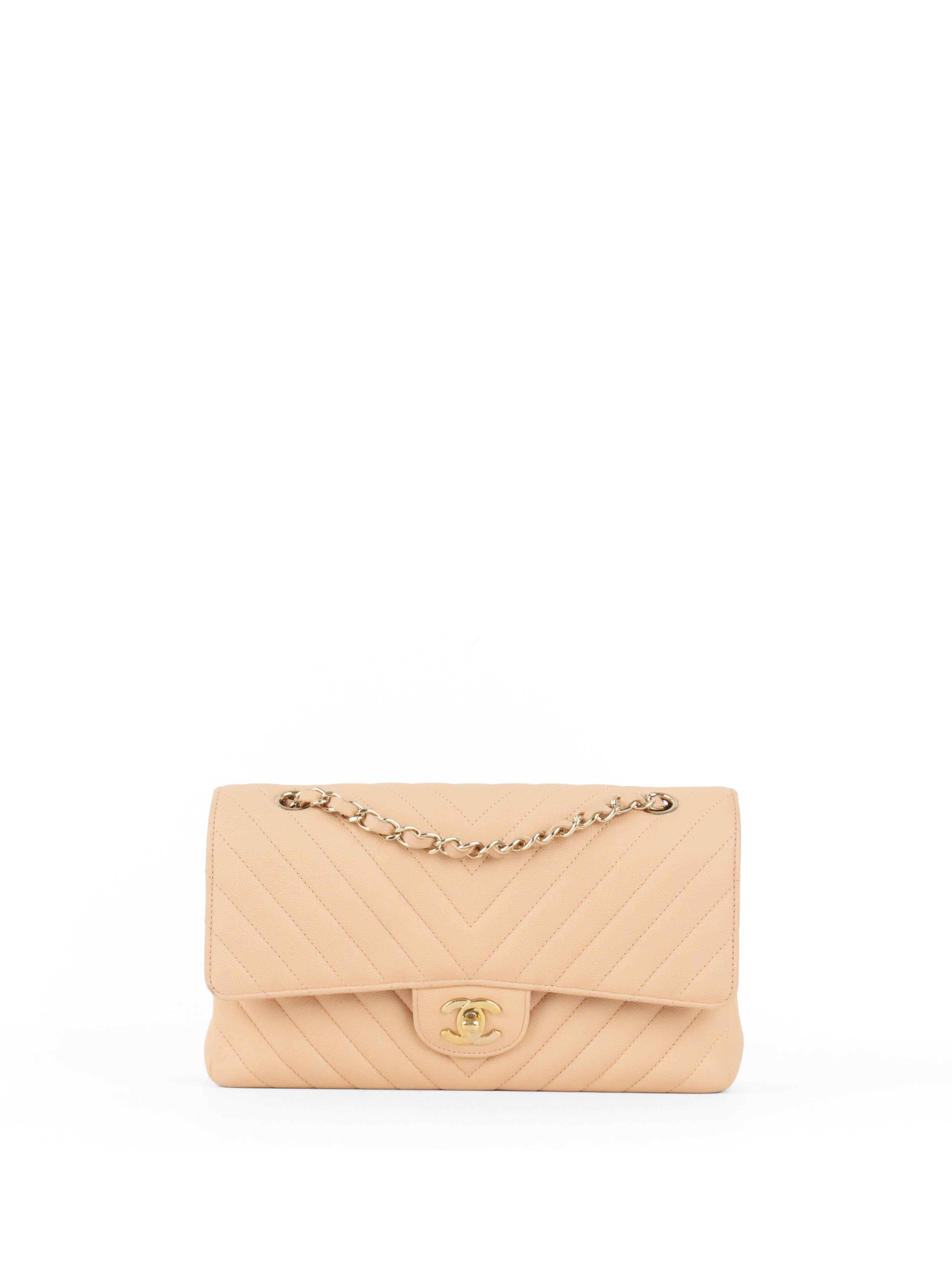 Chanel Beige Claire Chevron Caviar Classic Flap