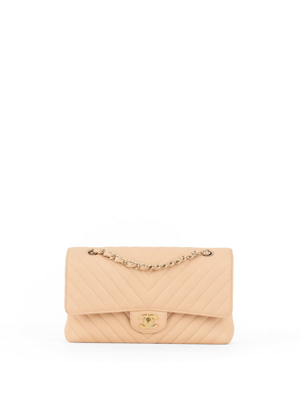 Chanel Beige Claire Chevron Caviar Classic Flap