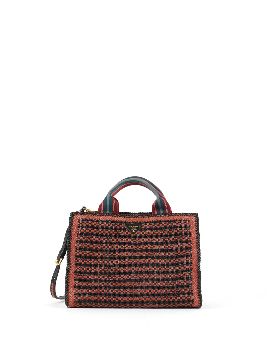 Prada Red/Black Madras Woven Leather Tote Bag