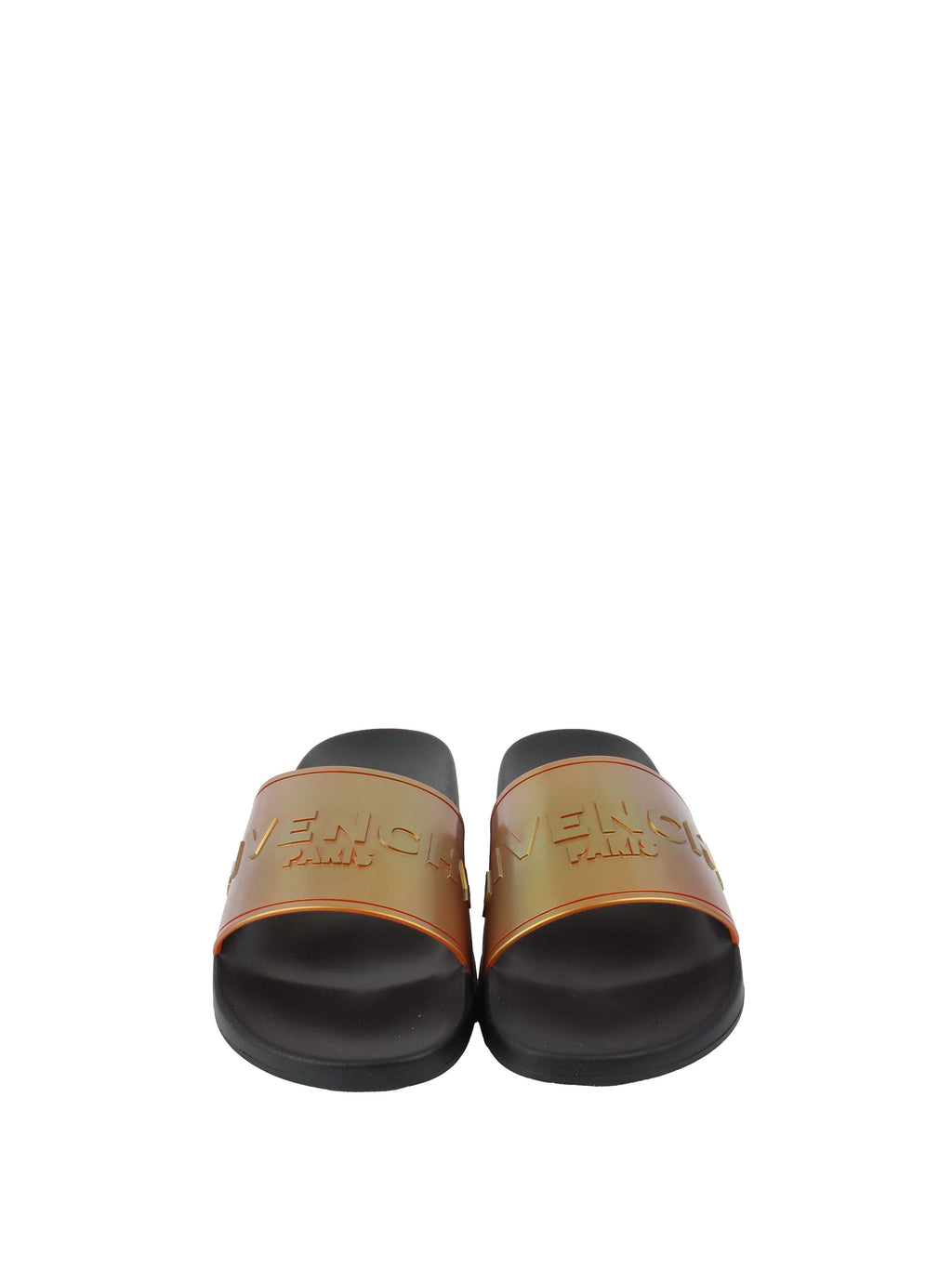 Givenchy Black/ Orange Iridescent Logo Slide Sandal.