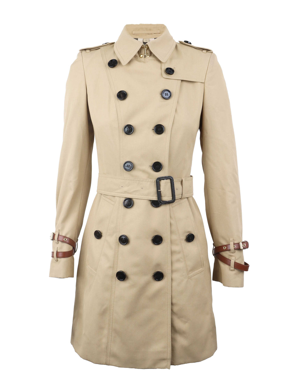 Burberry Tan Trench Coat with Leather Sleeve Straps.