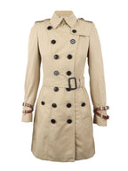 Burberry Tan Trench Coat with Leather Sleeve Straps.