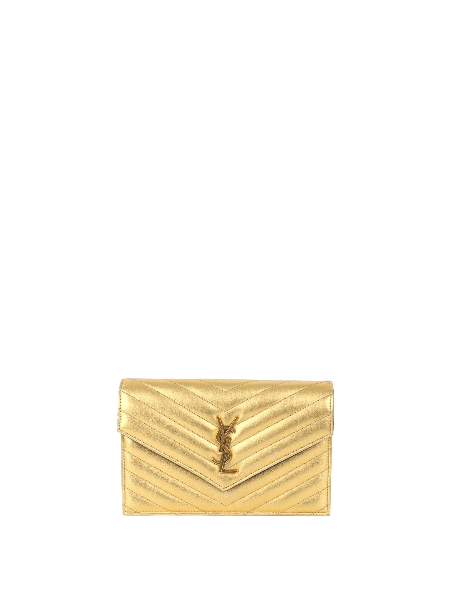 Saint Laurent Cassandra Matelasse Gold Envelope Chain Wallet.