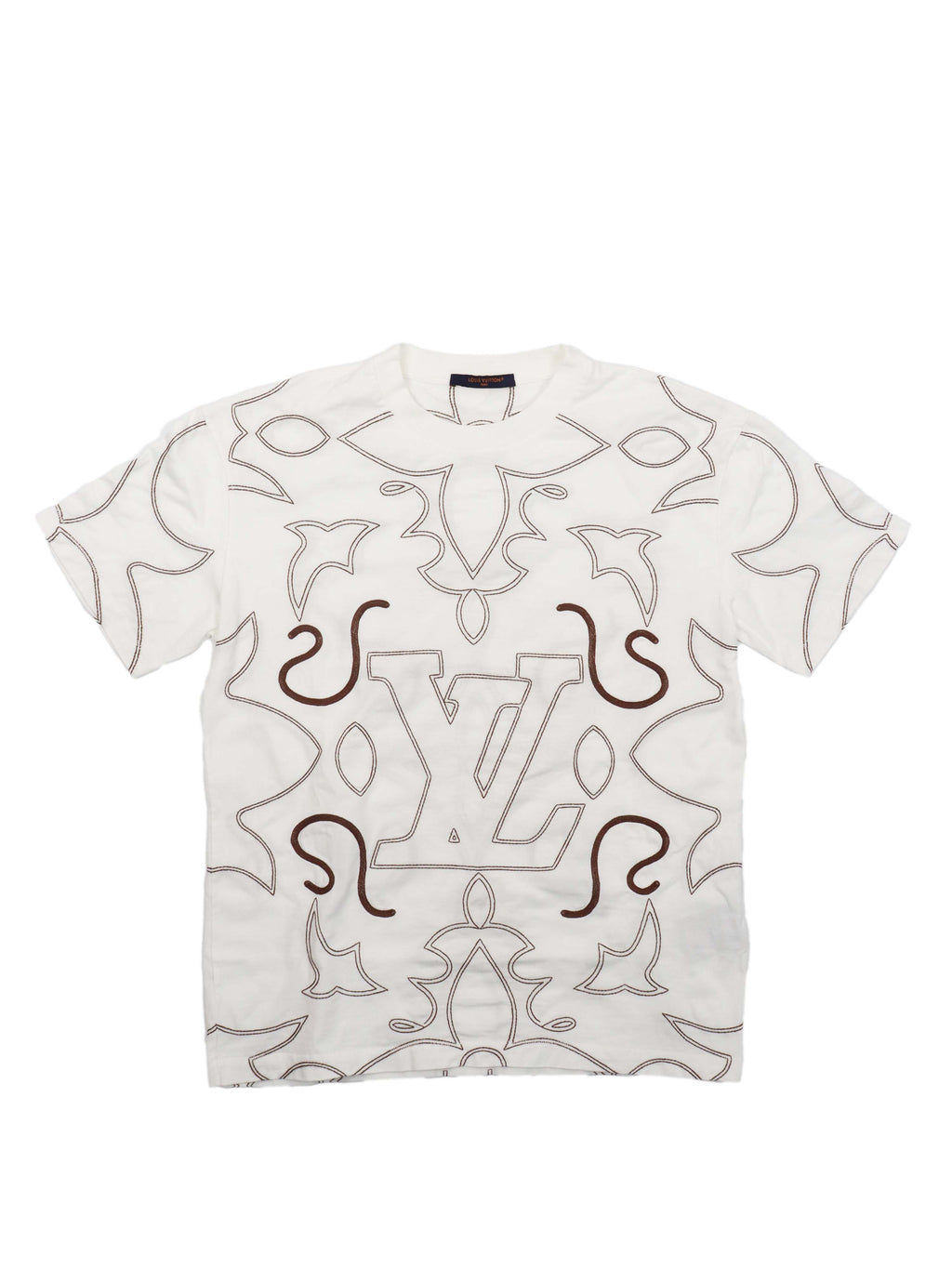 Louis Vuitton White/Brown Embroidered Cotton T-Shirt.