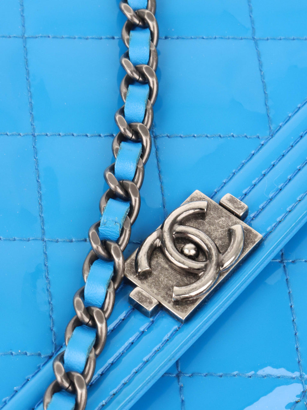 Chanel Bright Blue Patent Leather Le Boy Wallet on Chain.