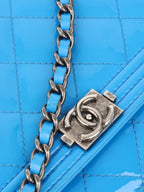 Chanel Bright Blue Patent Leather Le Boy Wallet on Chain.