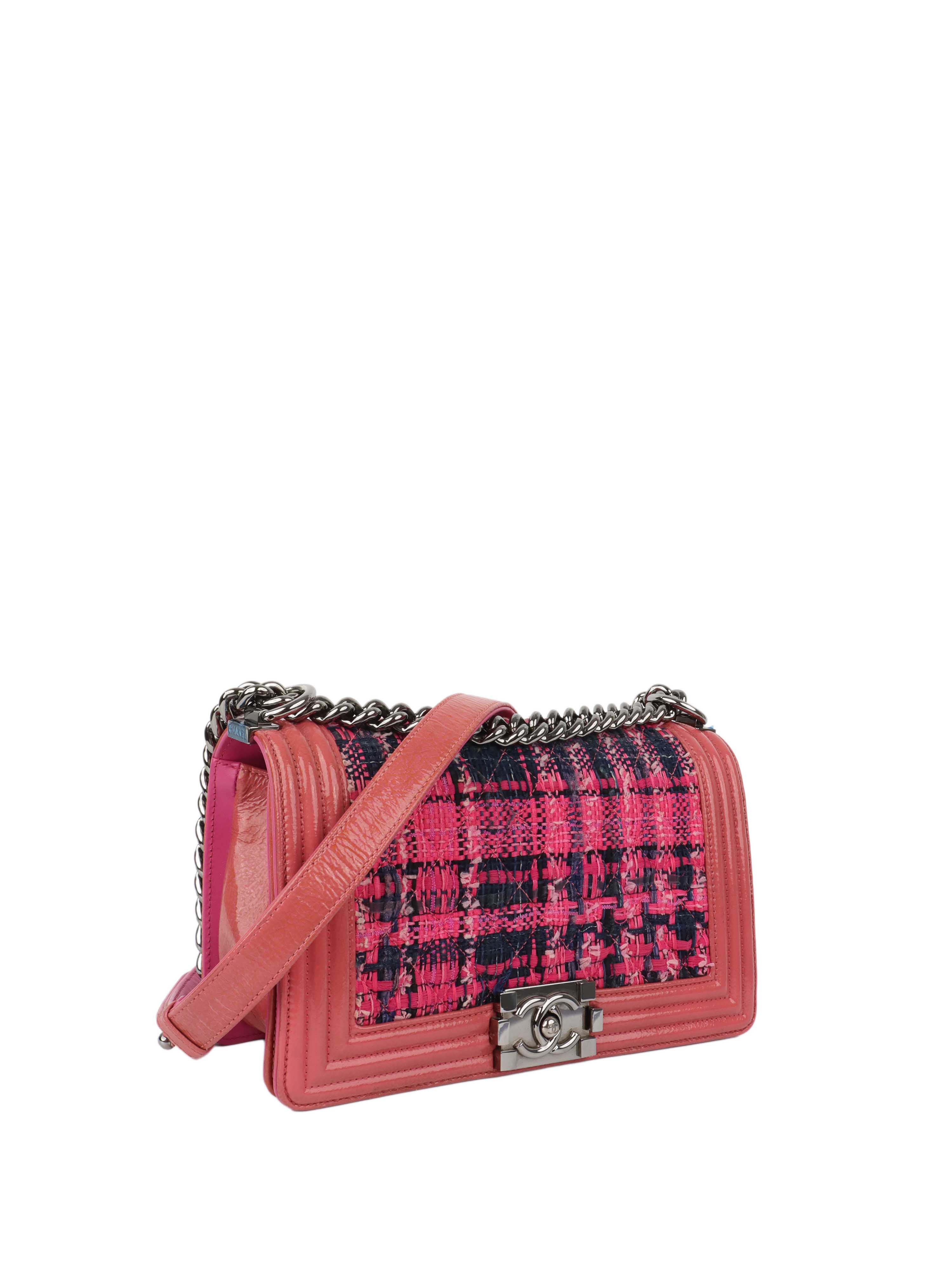 Chanel Medium Pink Tweed Boy Bag.