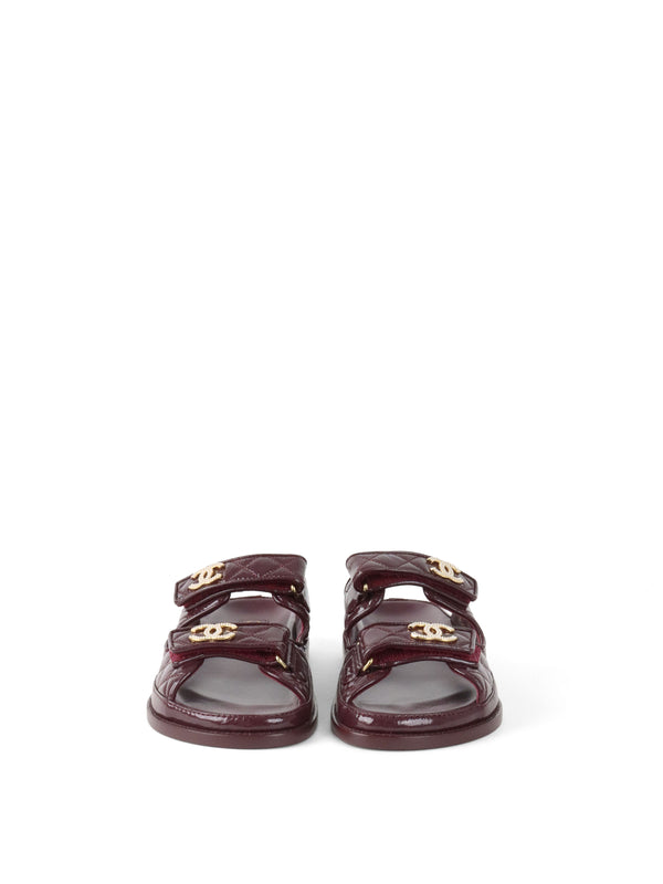 Chanel 21C Burgundy Red Patent Gold CC Logo Mule Slides.