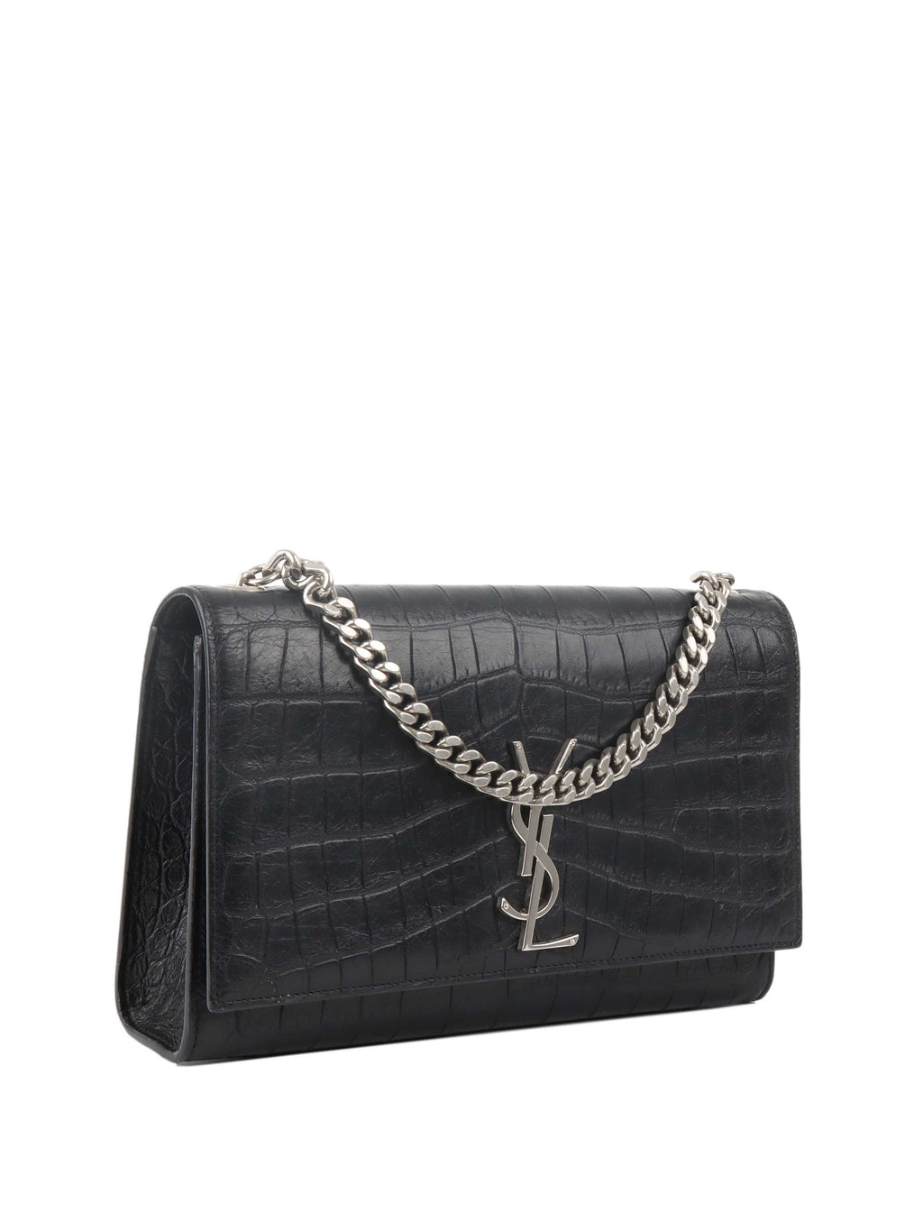 Saint Laurent Black Crocodile Embossed Chain Top Handle Kate Bag.