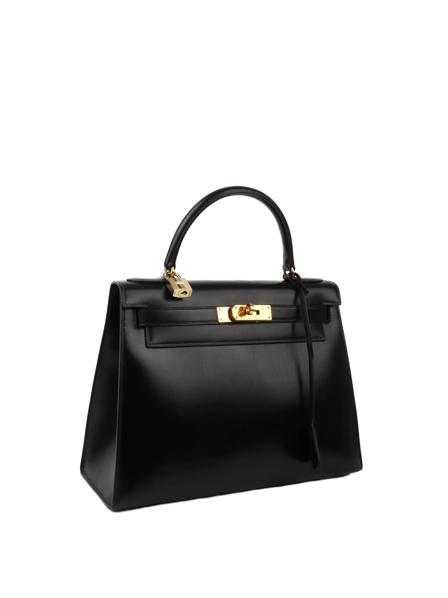 HERMES Vintage Kelly 28 Flap Bag in Black Box Leather