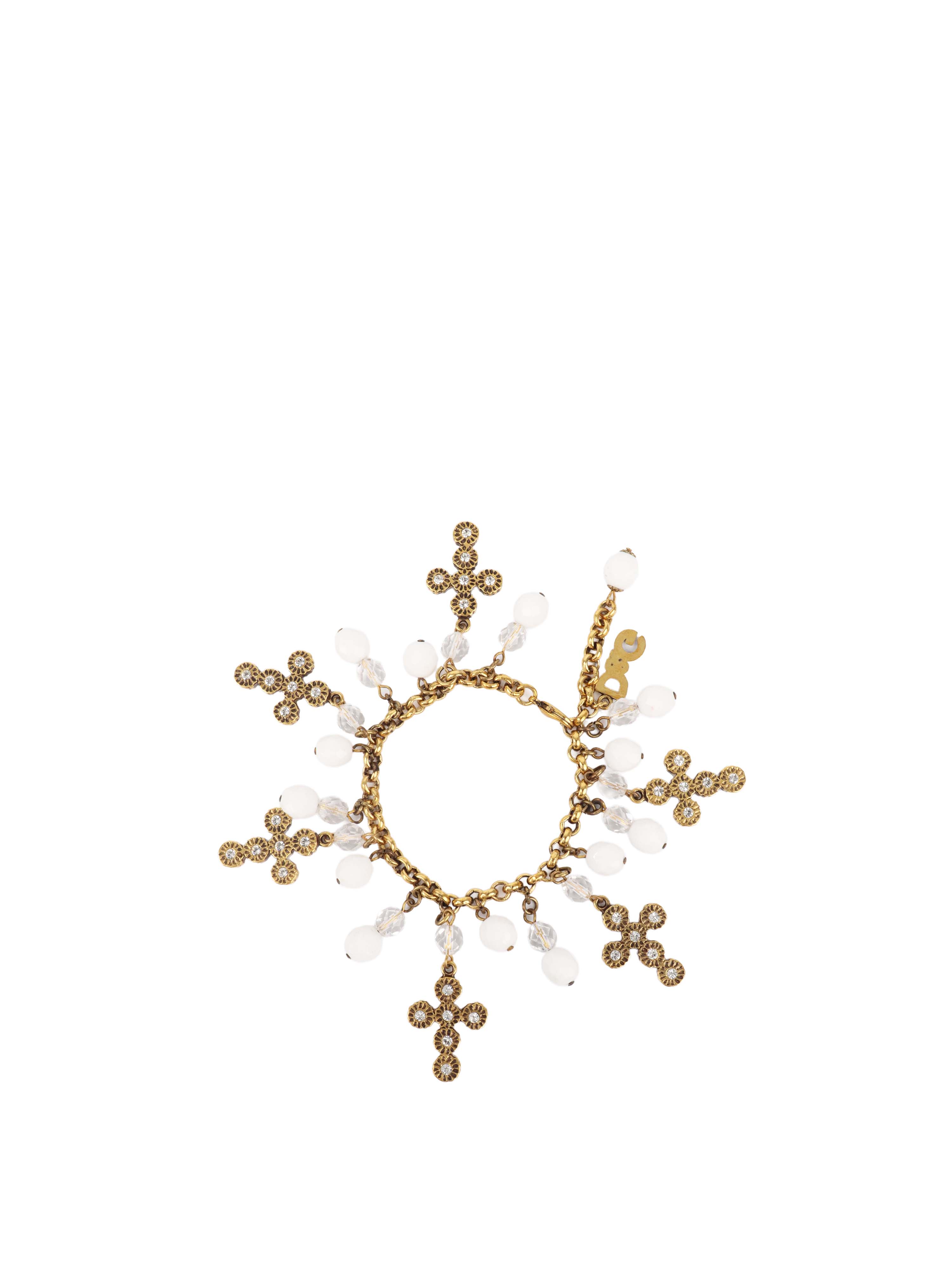 Dolce & Gabbana Rare Vintage Gold Metal with Baroque Crosses White-beads Set of Bracelet and Earring