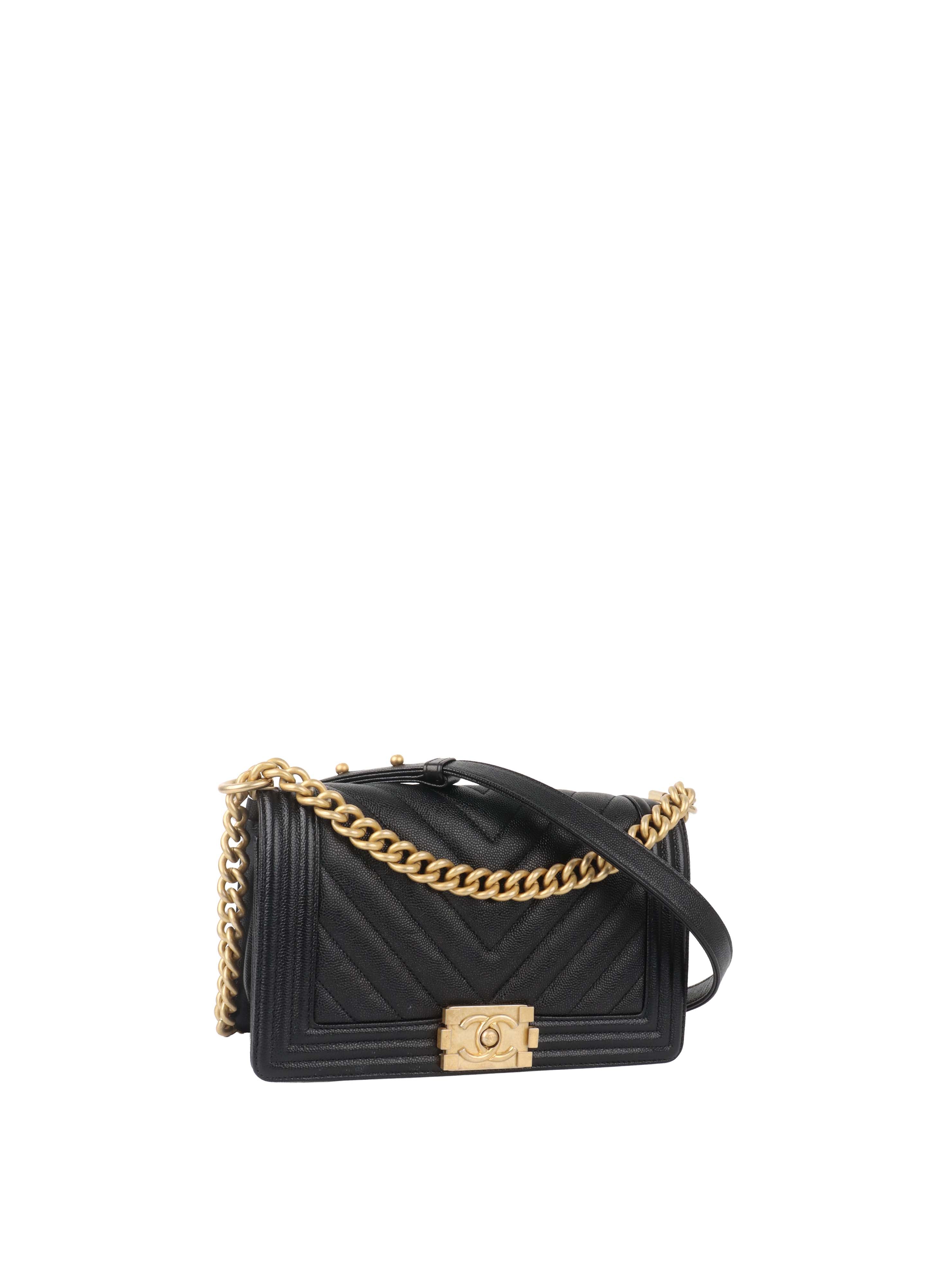Chanel Black Chevron Caviar Medium Boy Bag.