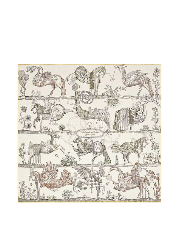 Hermes Creme/ Miel/ Kaki Carre Double Face Della Cavalleria Favolosa Scarf 90