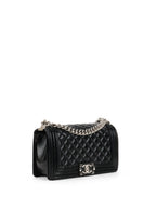 Chanel Black Crinkled Patent with Diamond Quilted Lock Medium Boy Bag