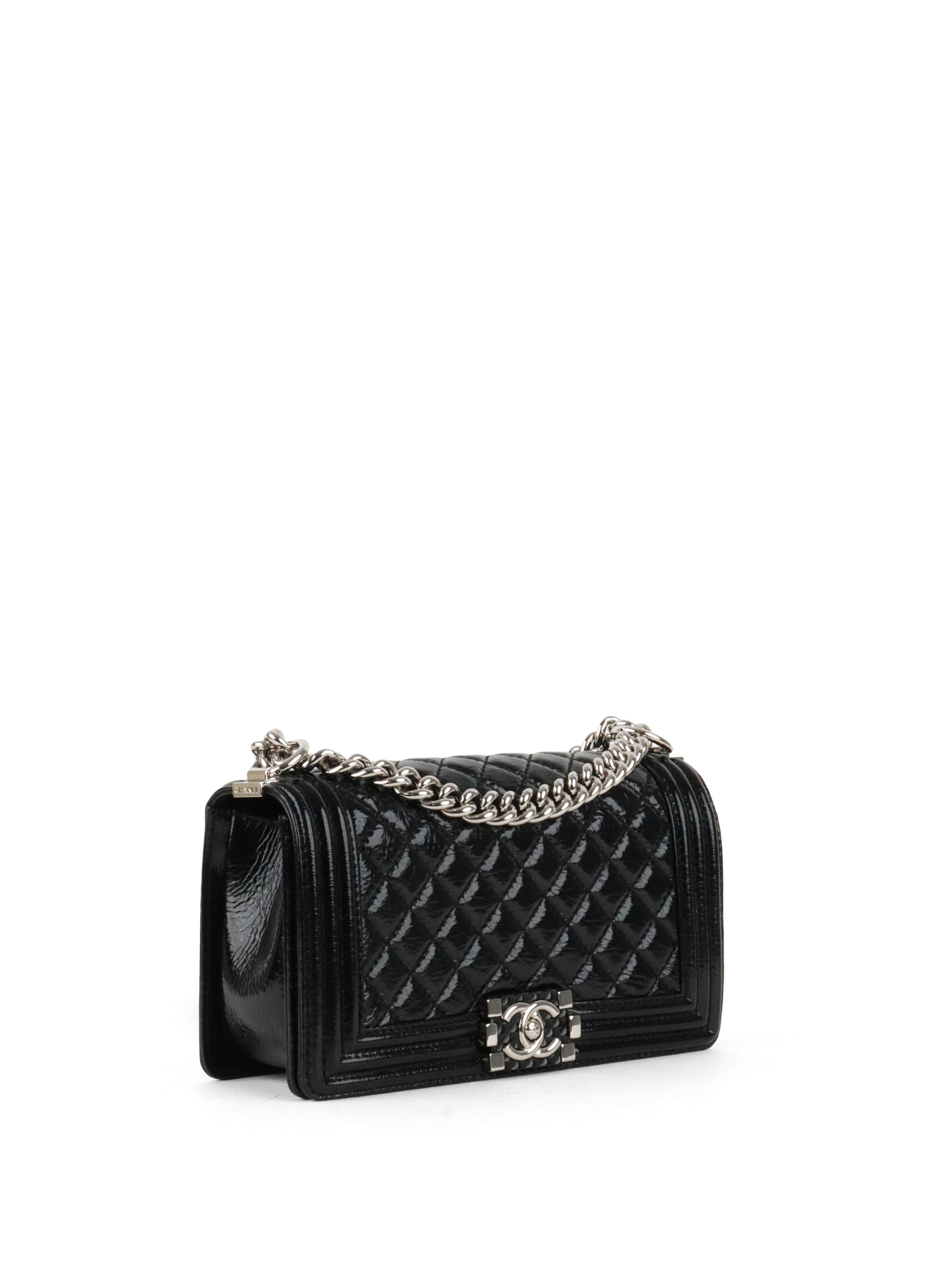 Chanel Black Crinkled Patent with Diamond Quilted Lock Medium Boy Bag