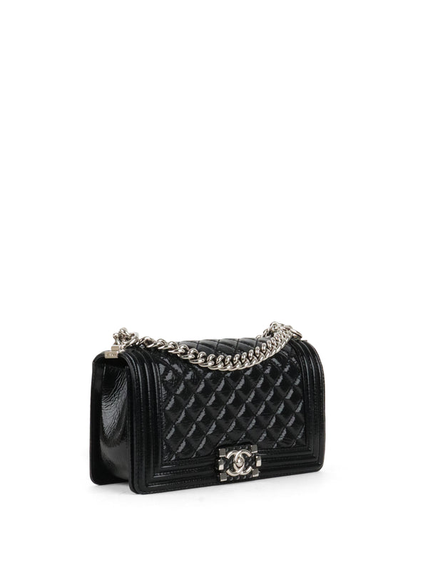 Chanel Black Crinkled Patent with Diamond Quilted Lock Medium Boy Bag