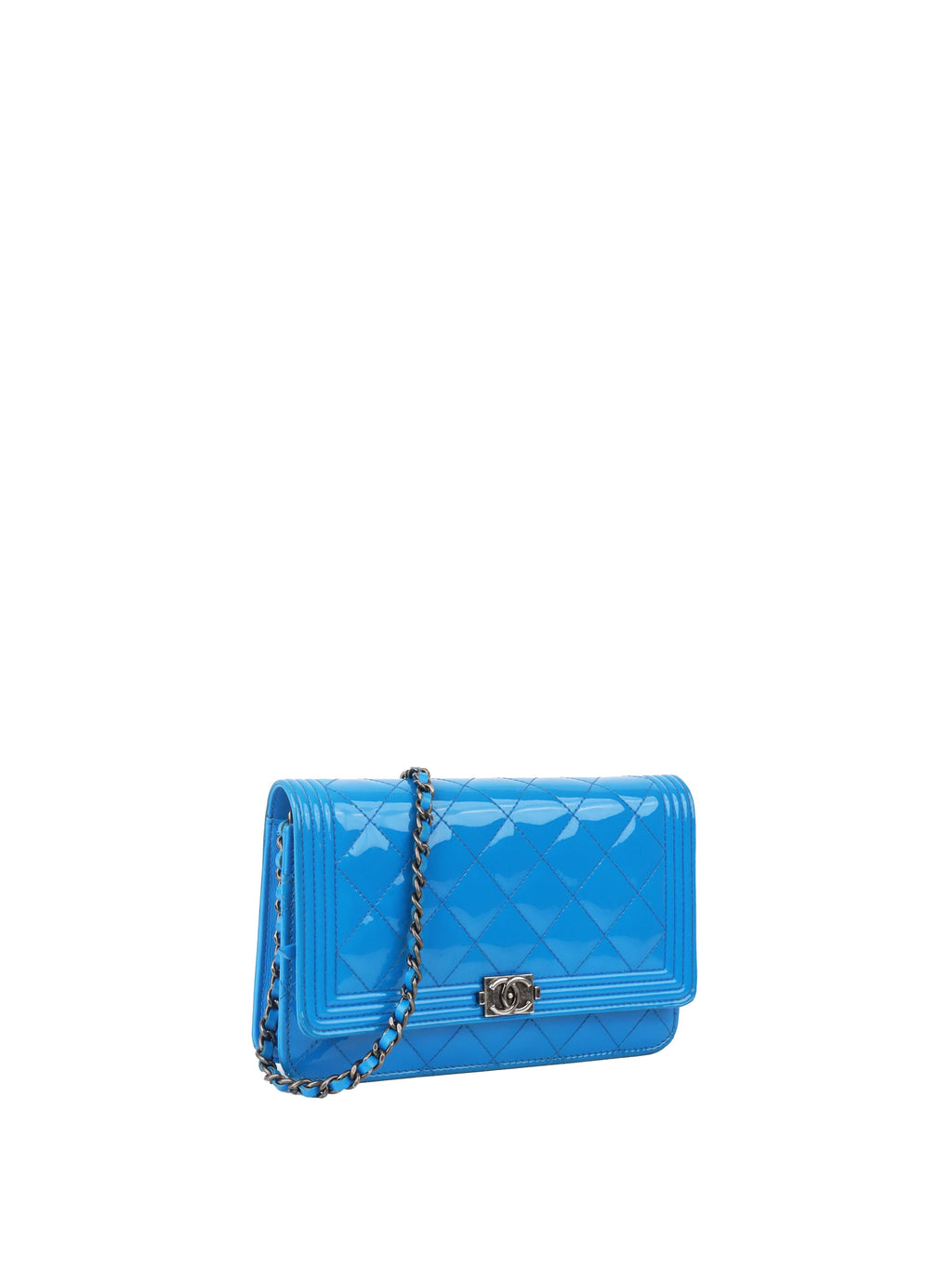 Chanel Bright Blue Patent Leather Le Boy Wallet on Chain.