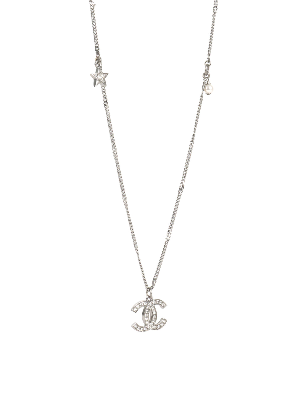 Chanel Silver Crystal CC Long Necklace