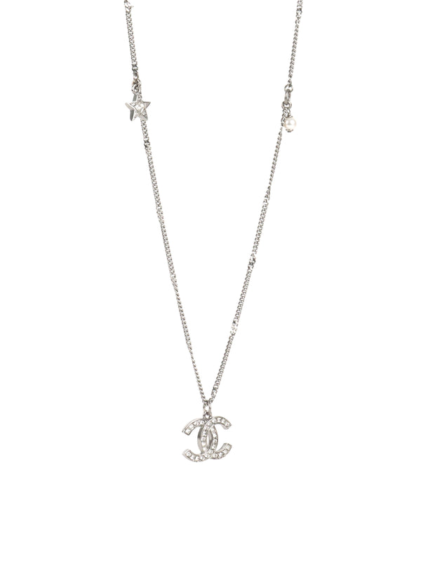 Chanel Silver Crystal CC Long Necklace