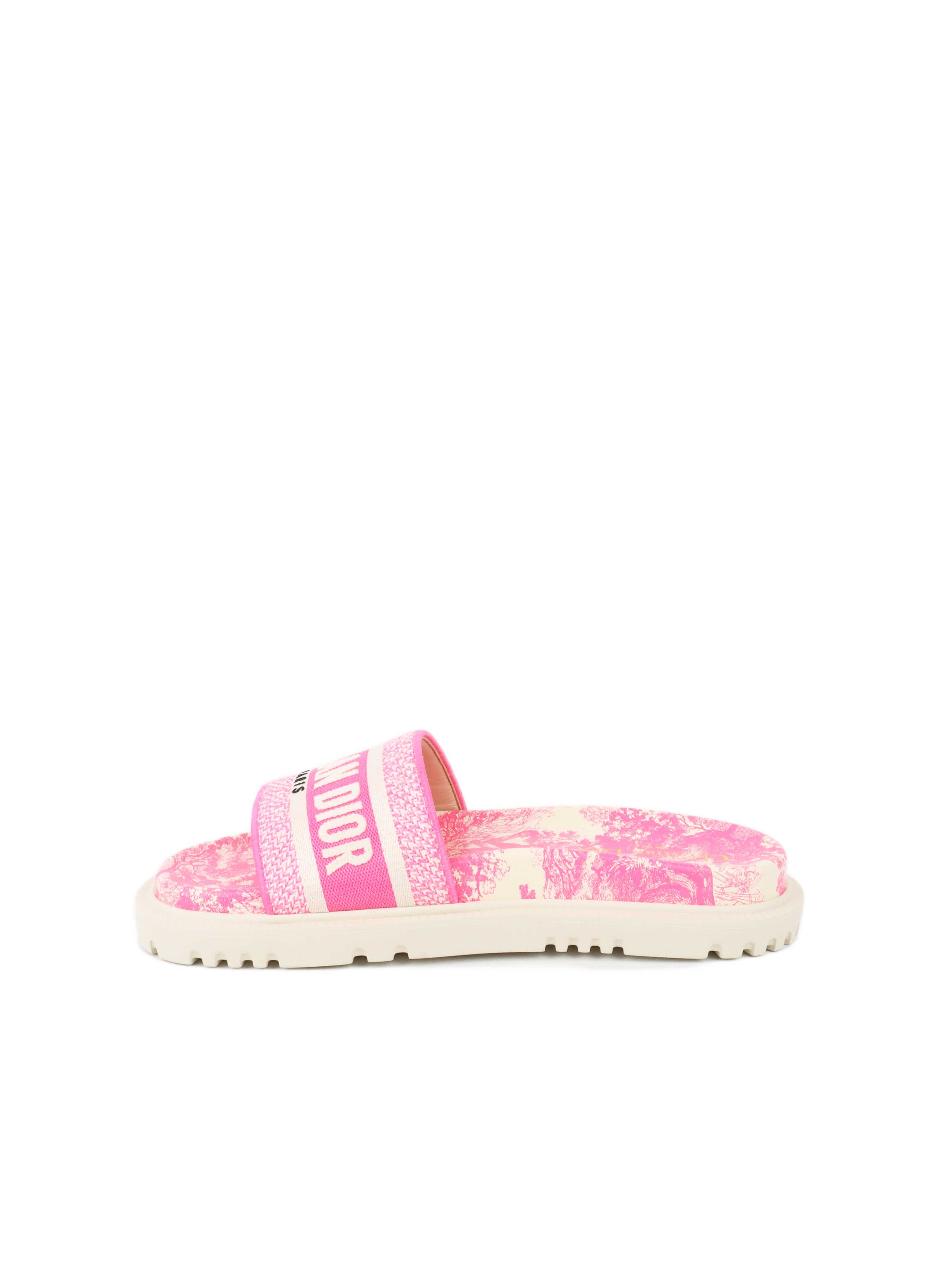 Dior Dway Rubber Slides in White & Fluro Pink.