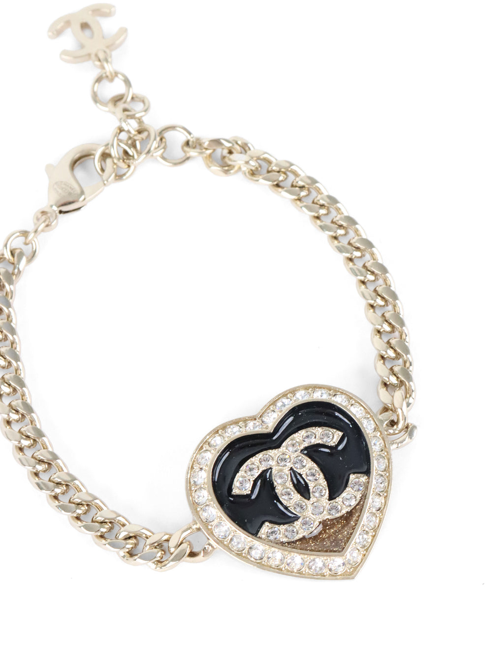 Chanel Black & Gold Crystals CC Heart Charm Bracelet
