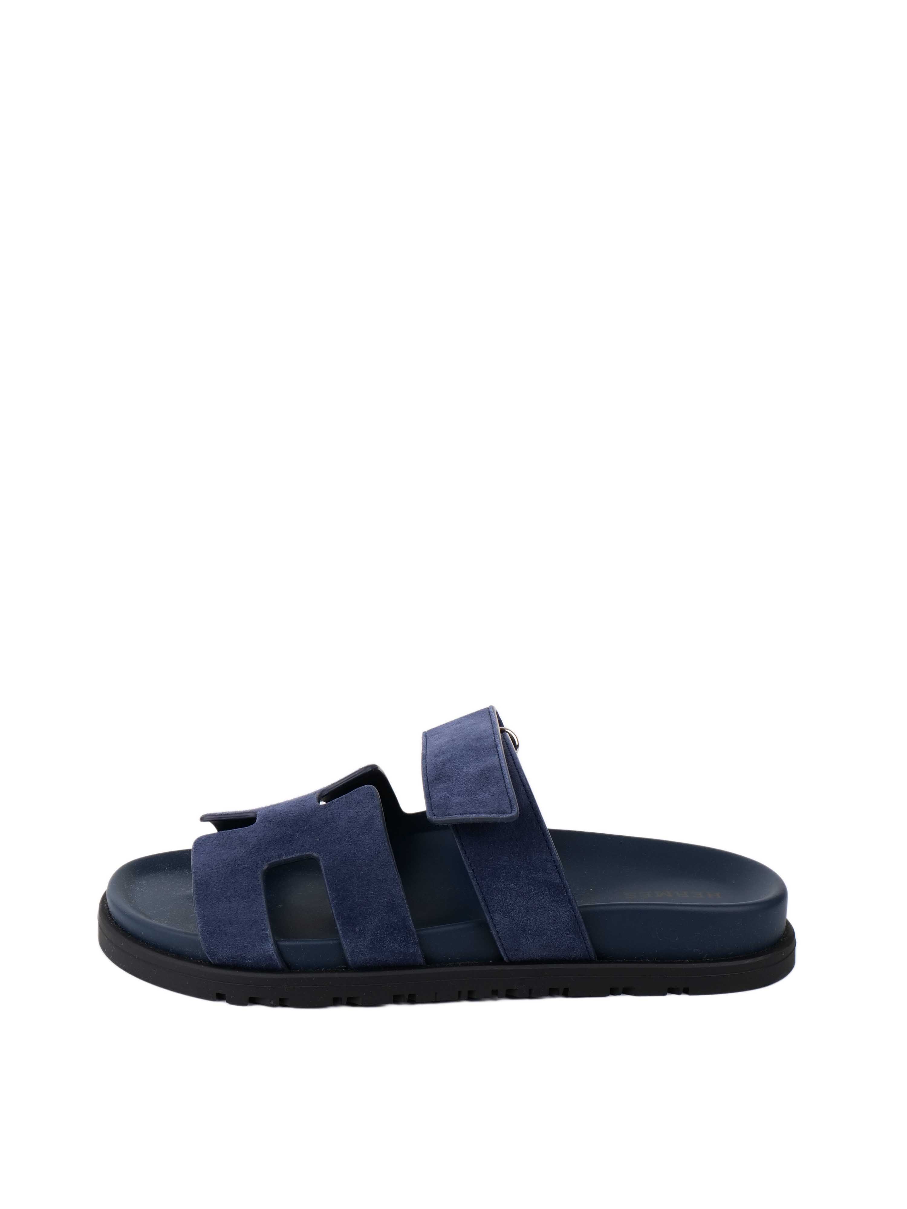 Hermes Chypre Navy Suede Sandals 37.5.