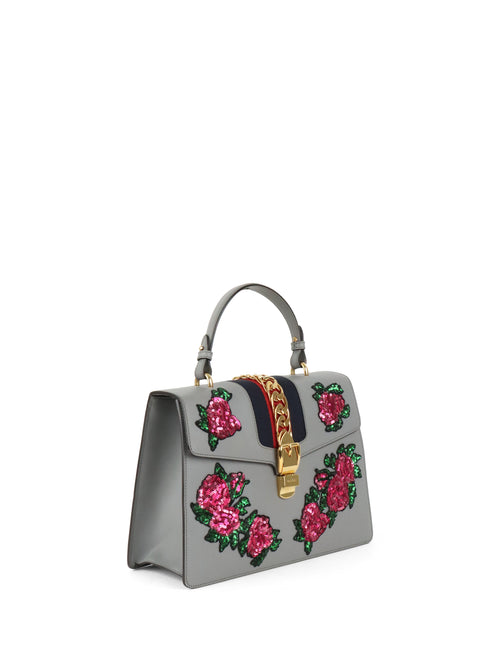Gucci Medium Grey Floral Sequin Sylvie Top Handle Bag