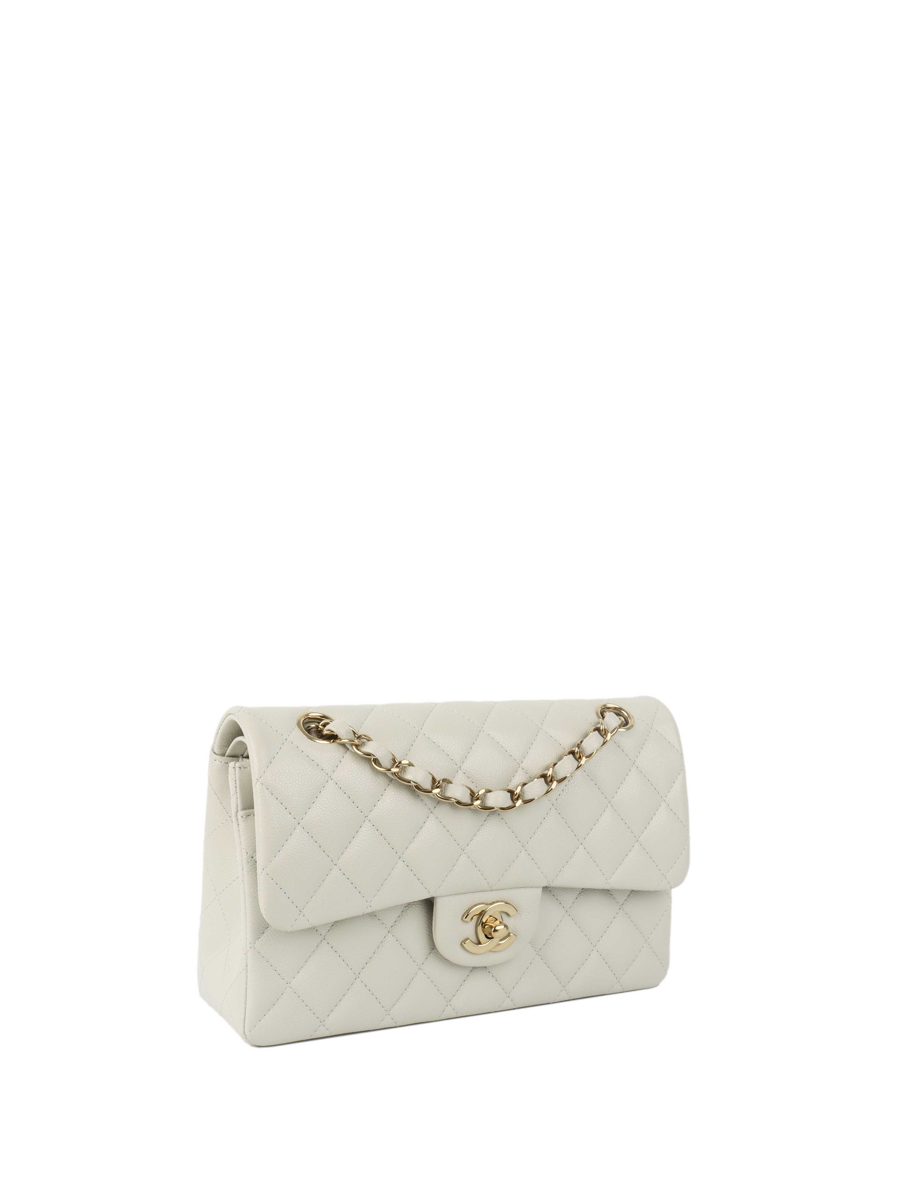 Chanel 21A  Light Grey Caviar Small Classic Flap LGHW.