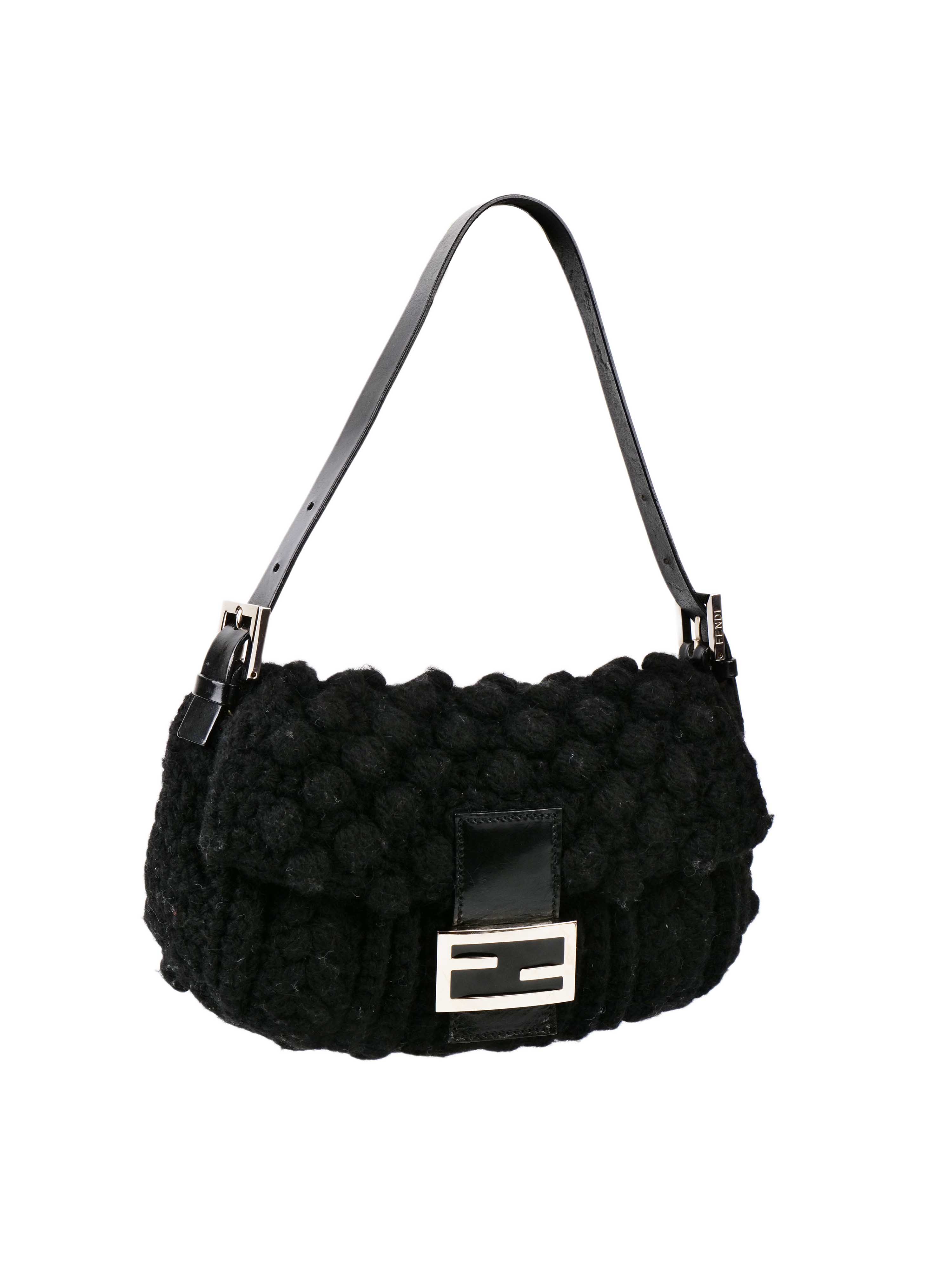 Fendi Black Knit Wool Vintage Baguette Bag.