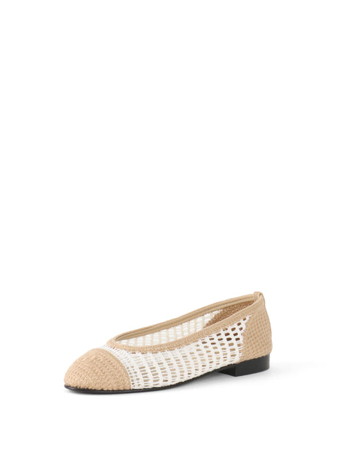 Chanel 25P Two Tone White & Beige Raffia Crochet Woven Ballerina Ballet.