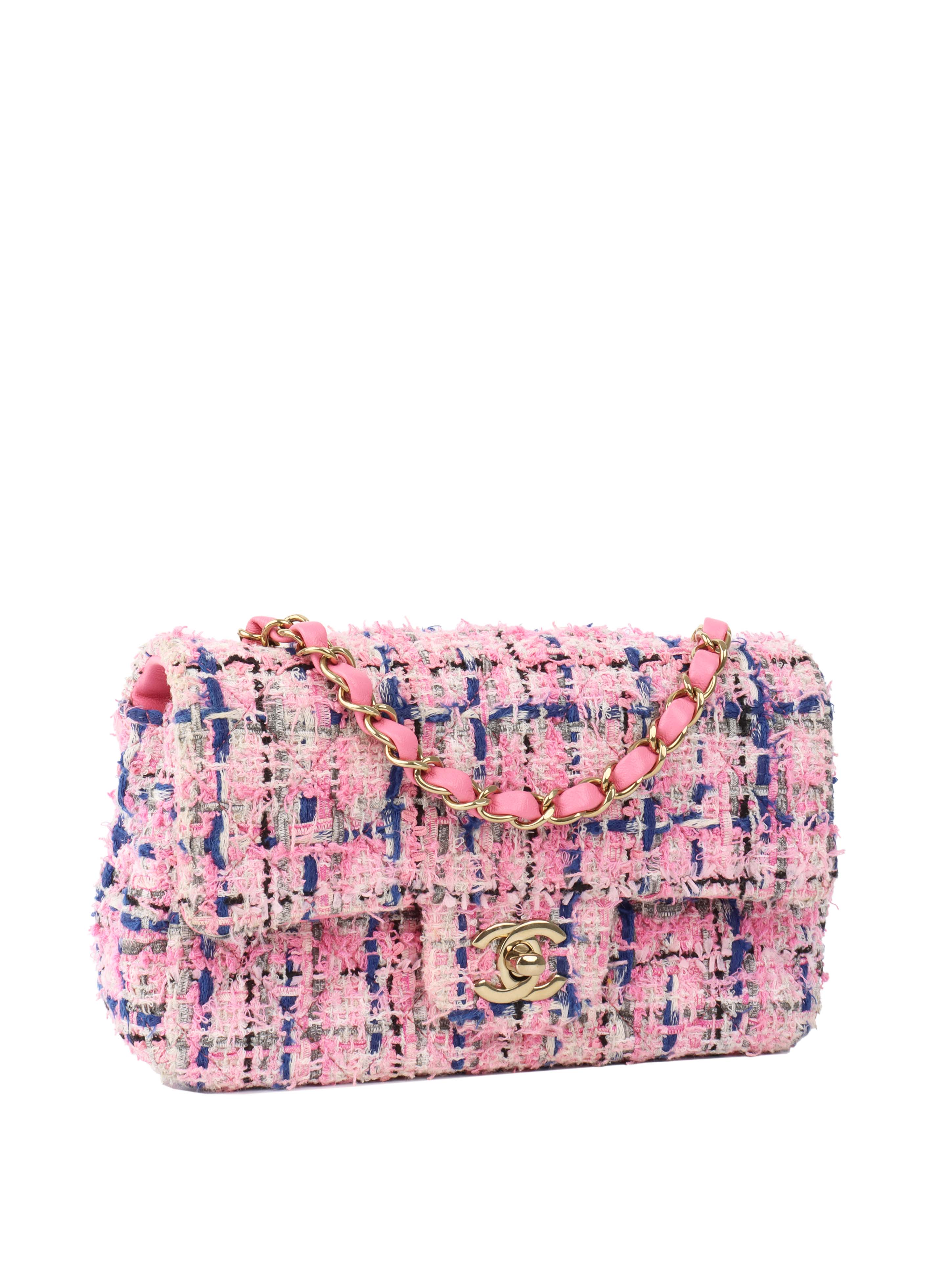 Chanel Pink & Blue Tweed Mini Rectangular Classic Flap.