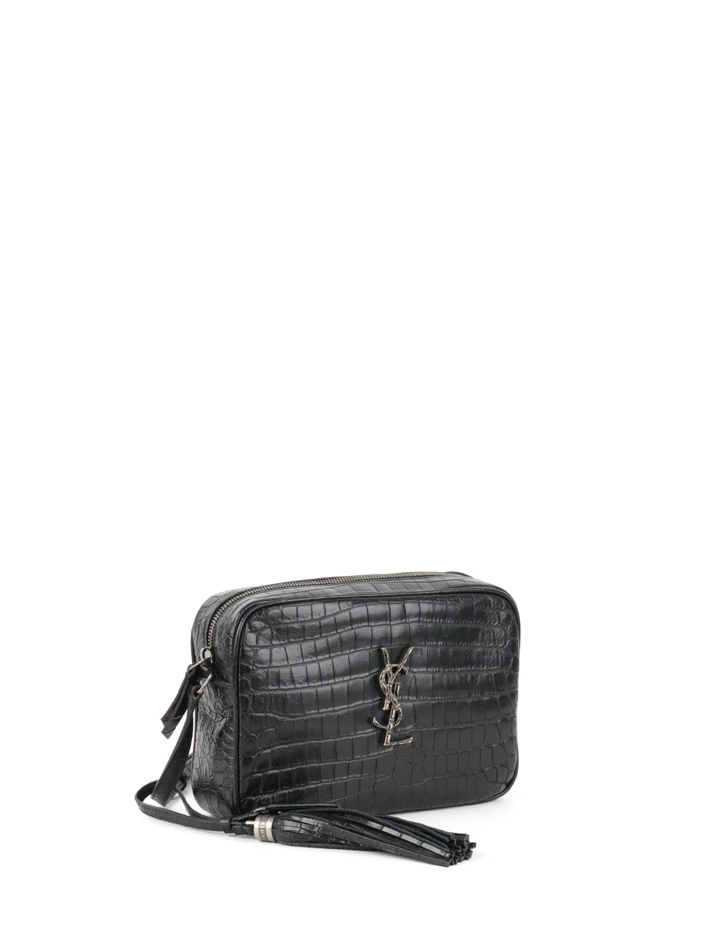 Saint Laurent Black Croc Embossed Camera Lou Bag