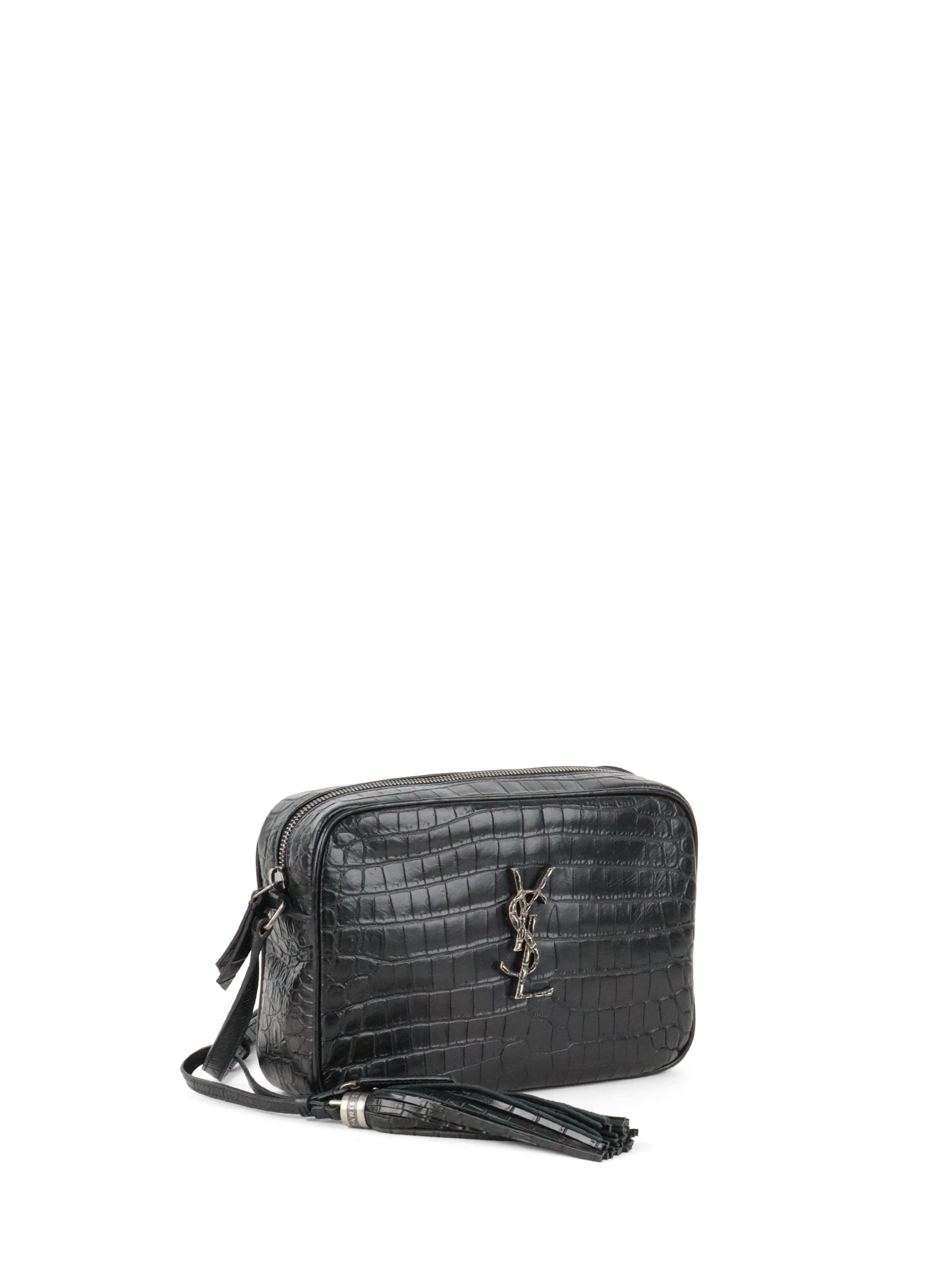 Saint Laurent Black Croc Embossed Camera Lou Bag