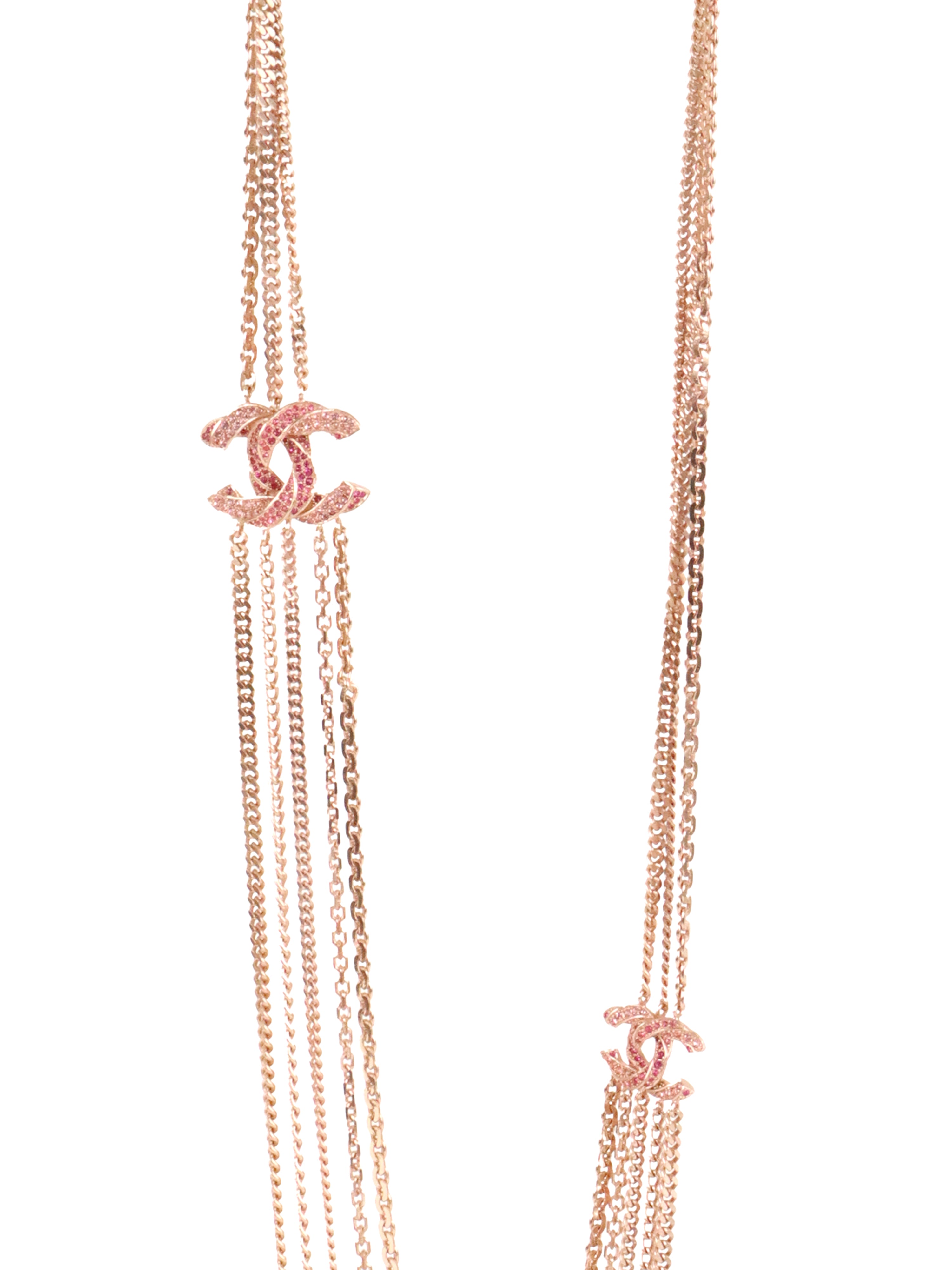 Chanel B16C CC Rose Gold Pink Crystal Long Chain Necklace