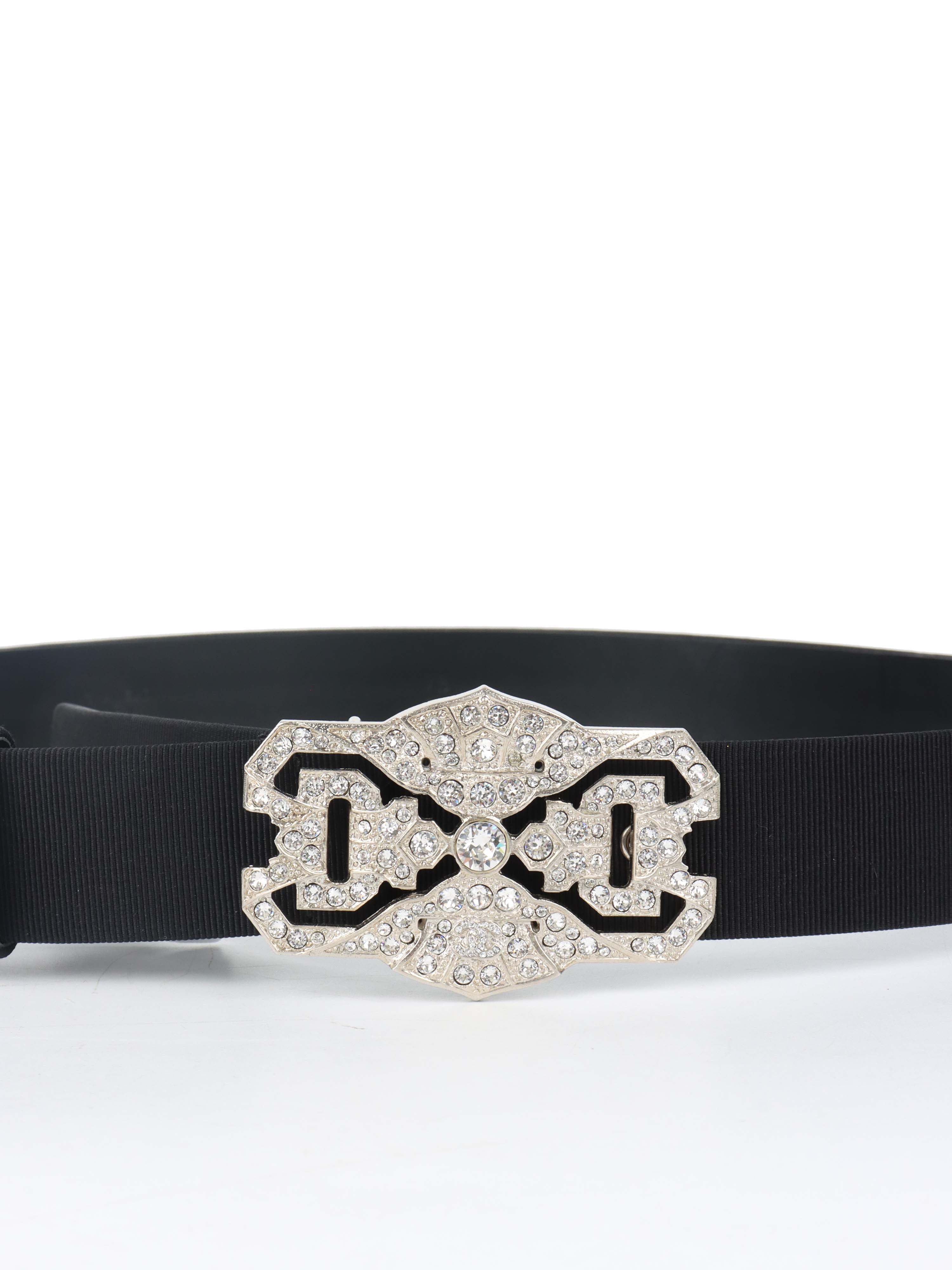 Chanel Black Satin Leather and Canvas Crystal Buckle Belt
