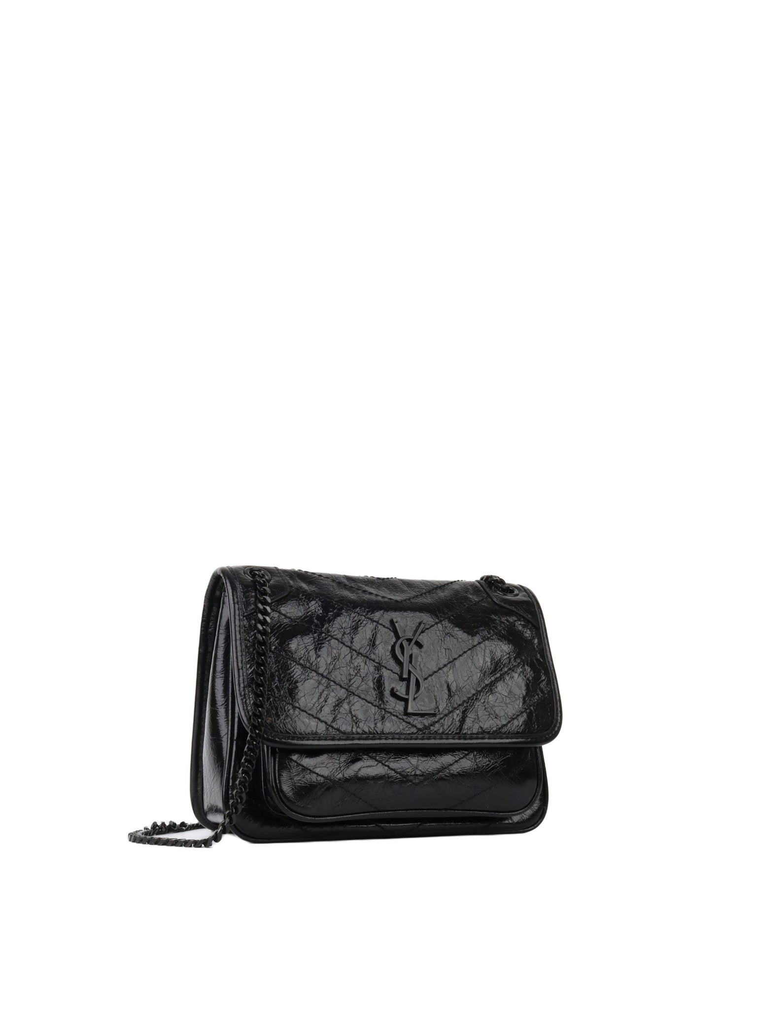 Saint Laurent Niki Shoulder Bag In Black Crinkled Gloss Leather.