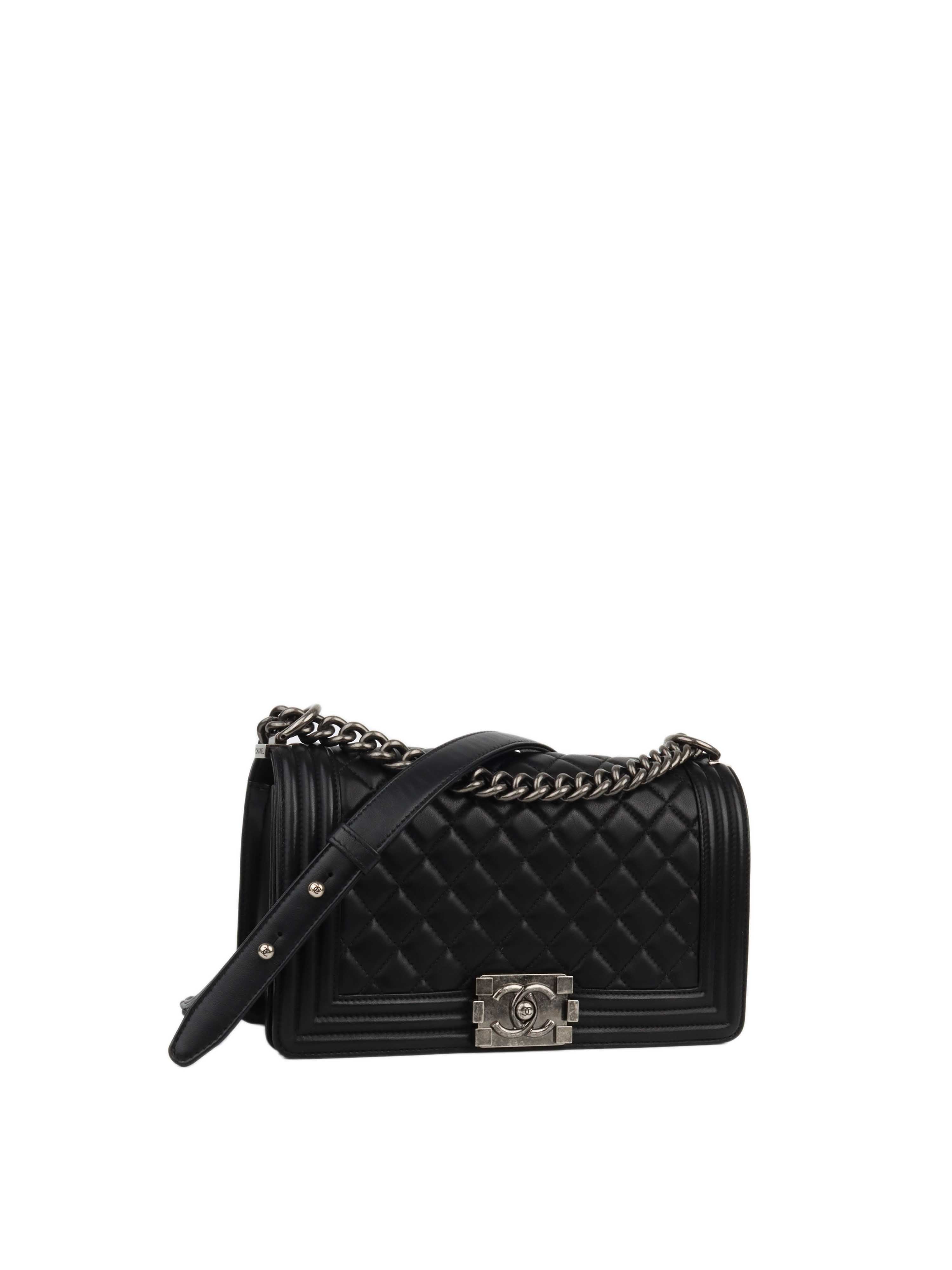 Chanel Black Lambskin Medium Boy Bag Ruthenium Finish Metal Hardware.