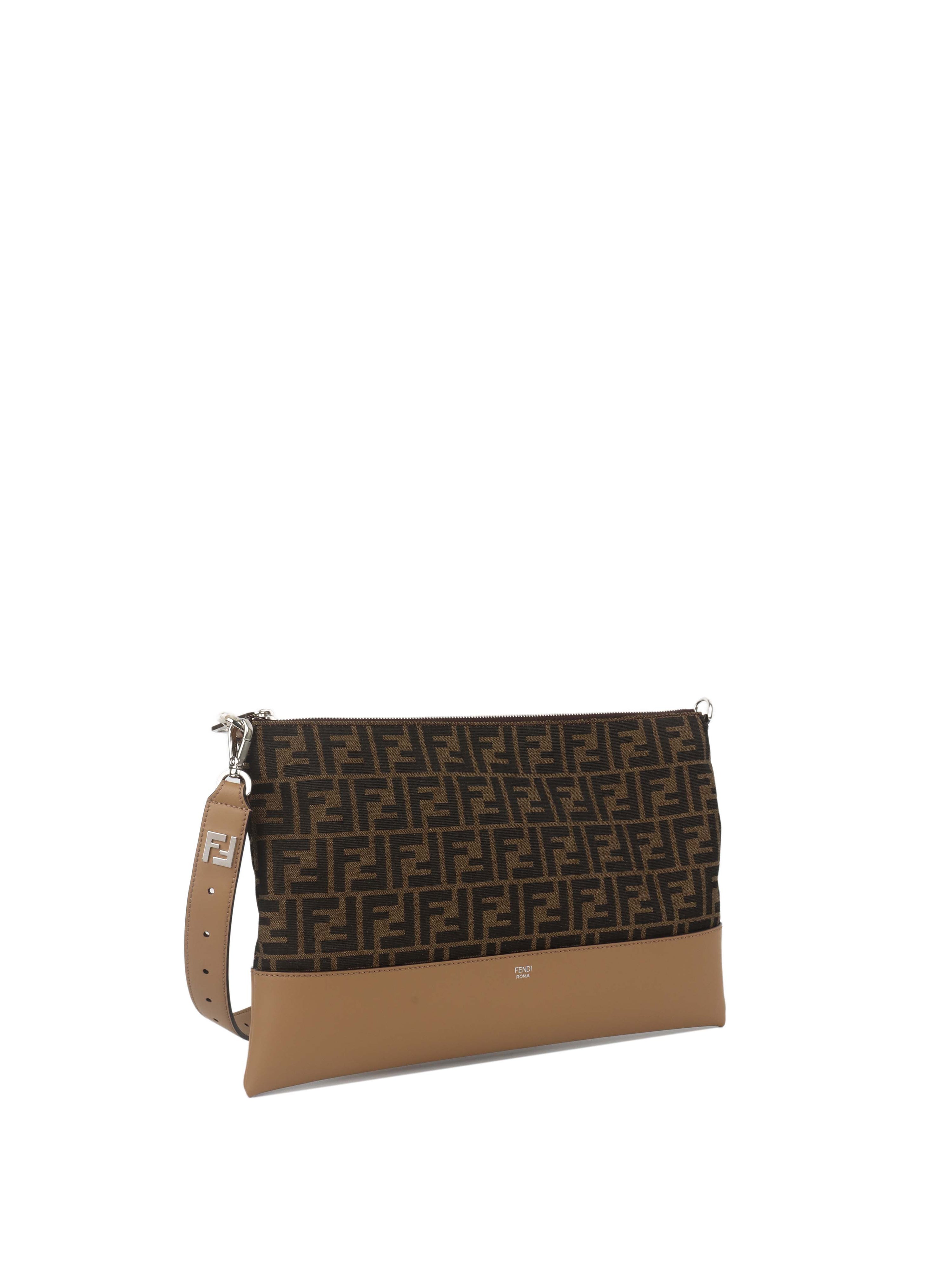 Fendi Brown Logo Fabric Shoulder Bag.
