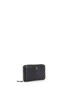 Chanel Irredescent Dark Charcoal Caviar Chevron Zip Wallet