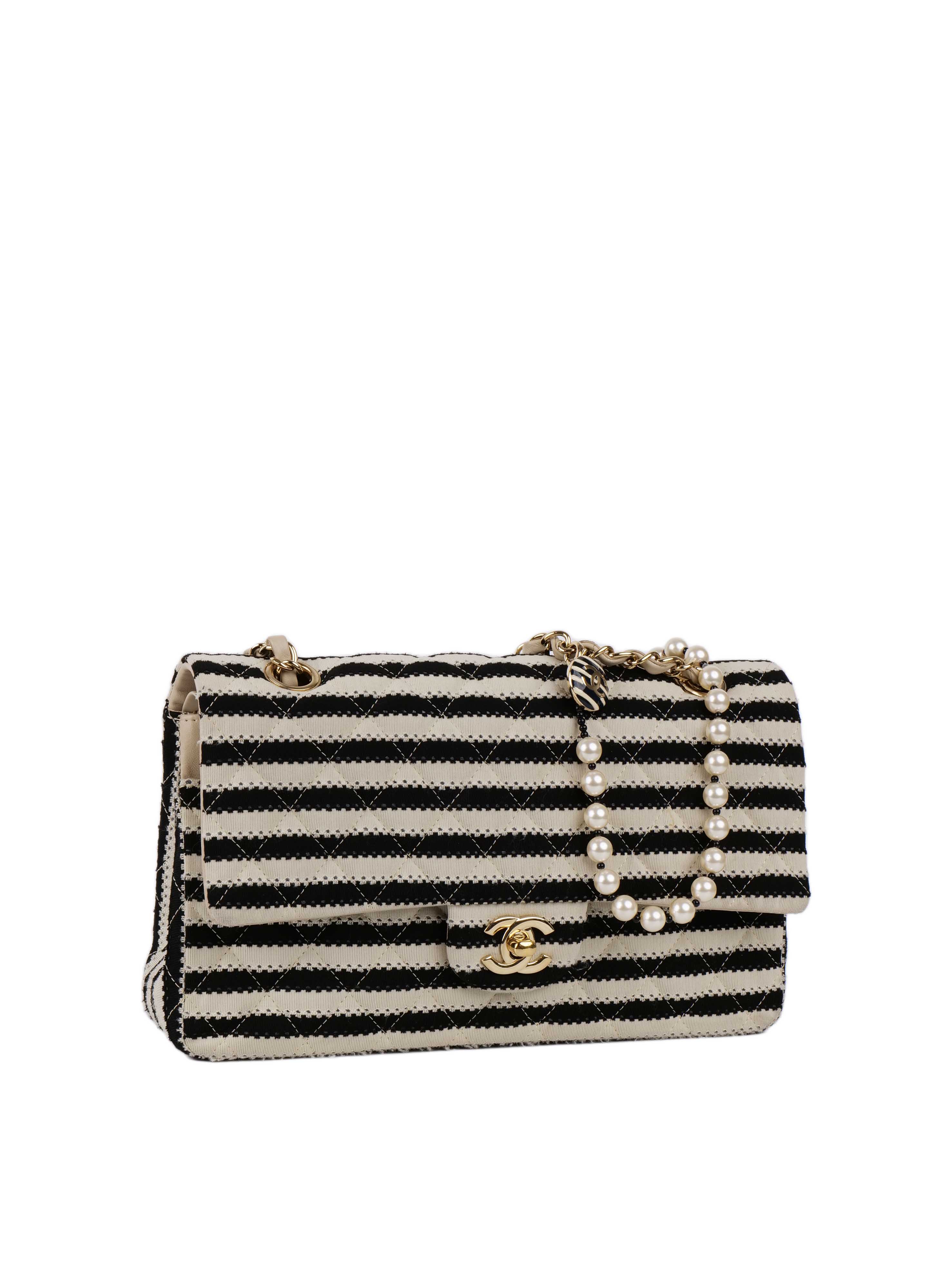 Chanel White & Black Striped Classic Flap with Pearl & Chain Strap.