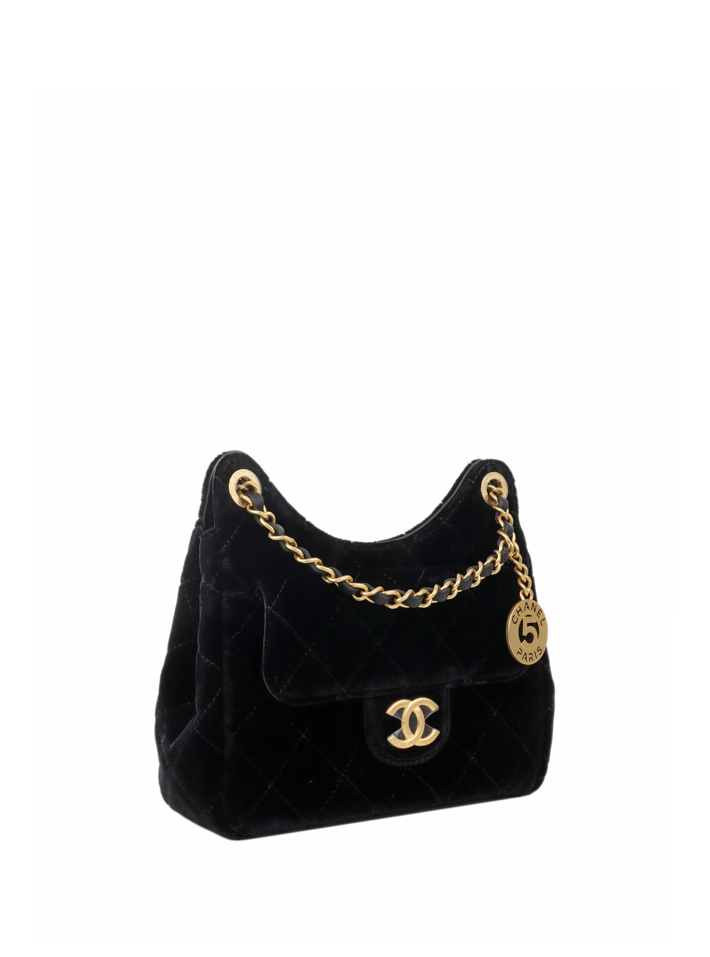 Chanel Black Small Quilted Velvet Wavy CC Hobo Bag.