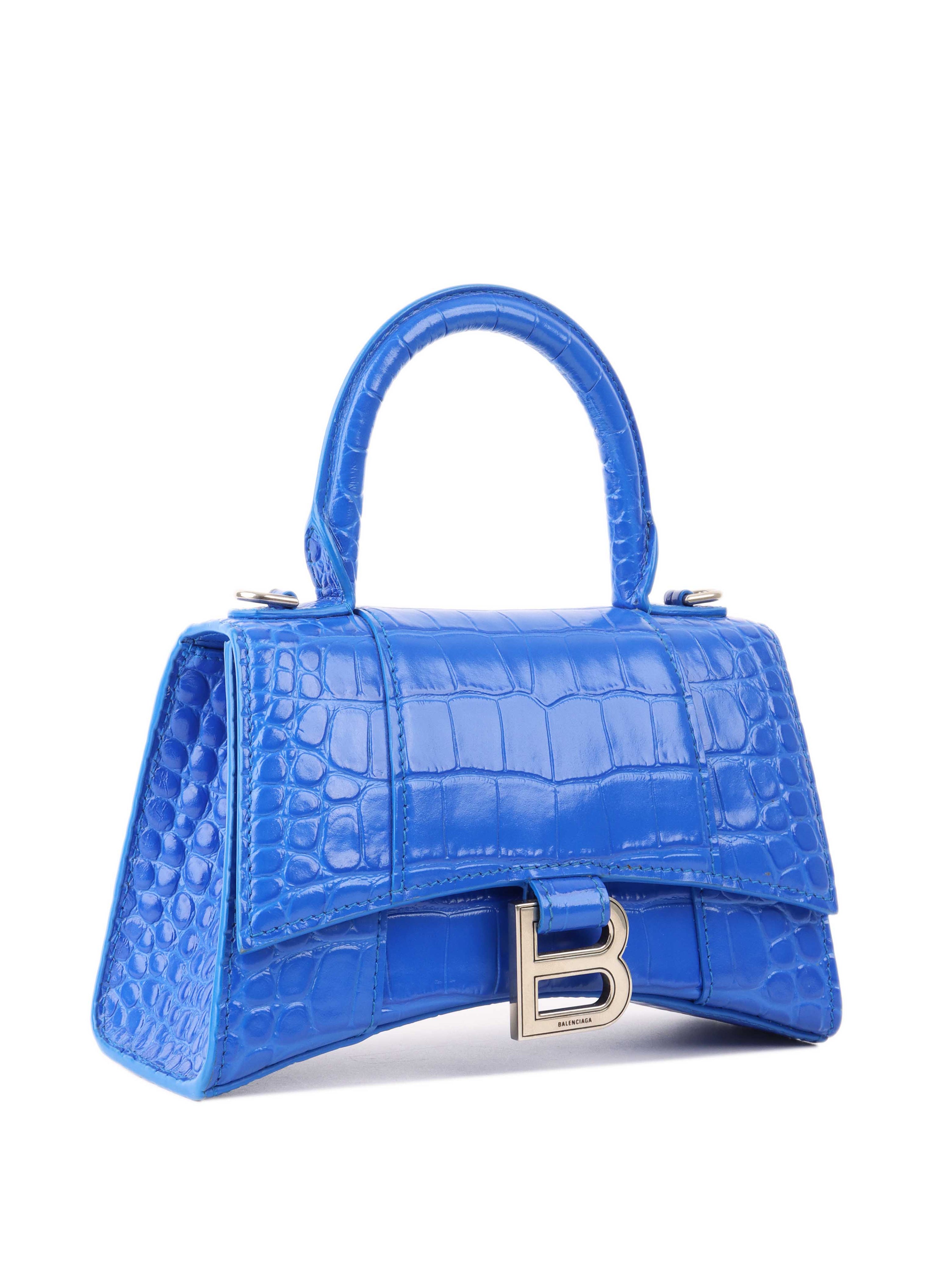 Balenciaga Bright Blue Crocodile Embossed Hourglass XS Bag.