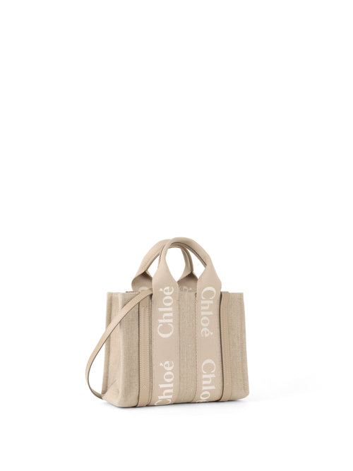 Chloe Neutral Small Woody Linen Tote Bag