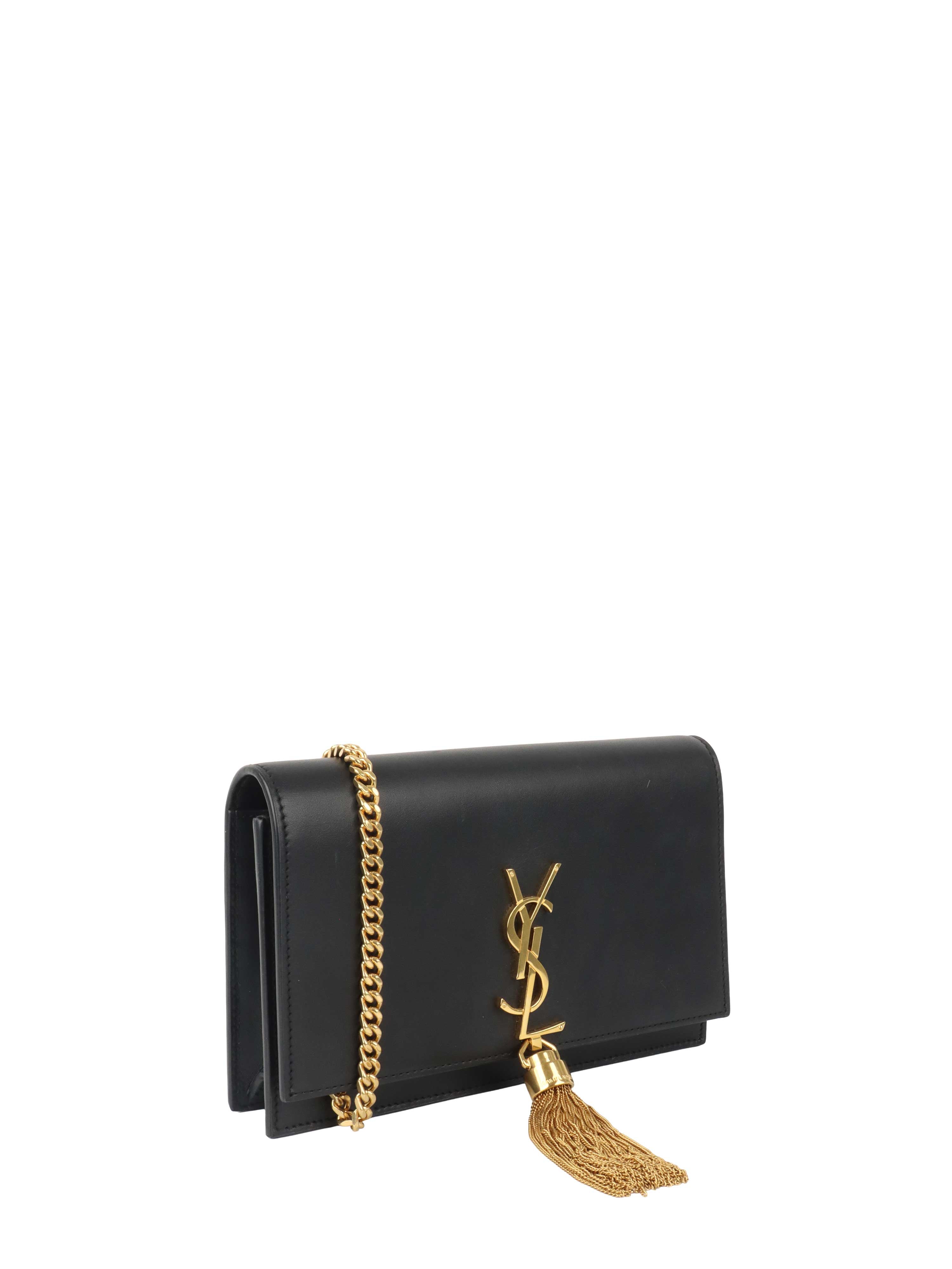 Saint Laurent Small Black Kate Wallet on Chain with Gold Tassel