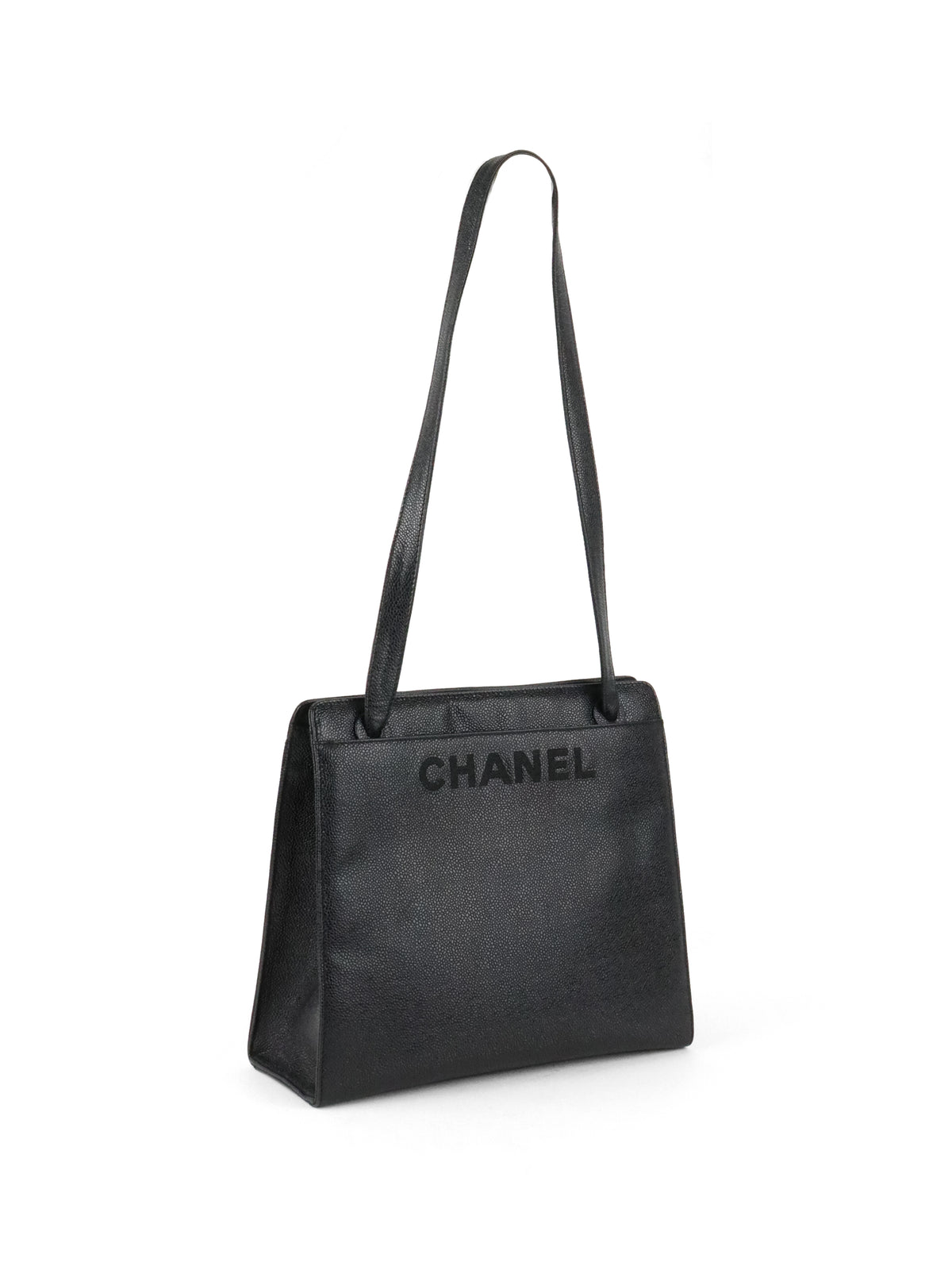 Chanel Vintage Stitched Logo Black Caviar Tote