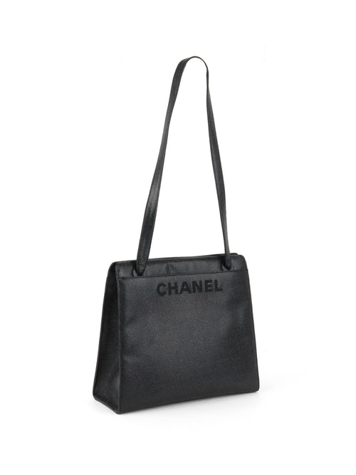 Chanel Vintage Stitched Logo Black Caviar Tote