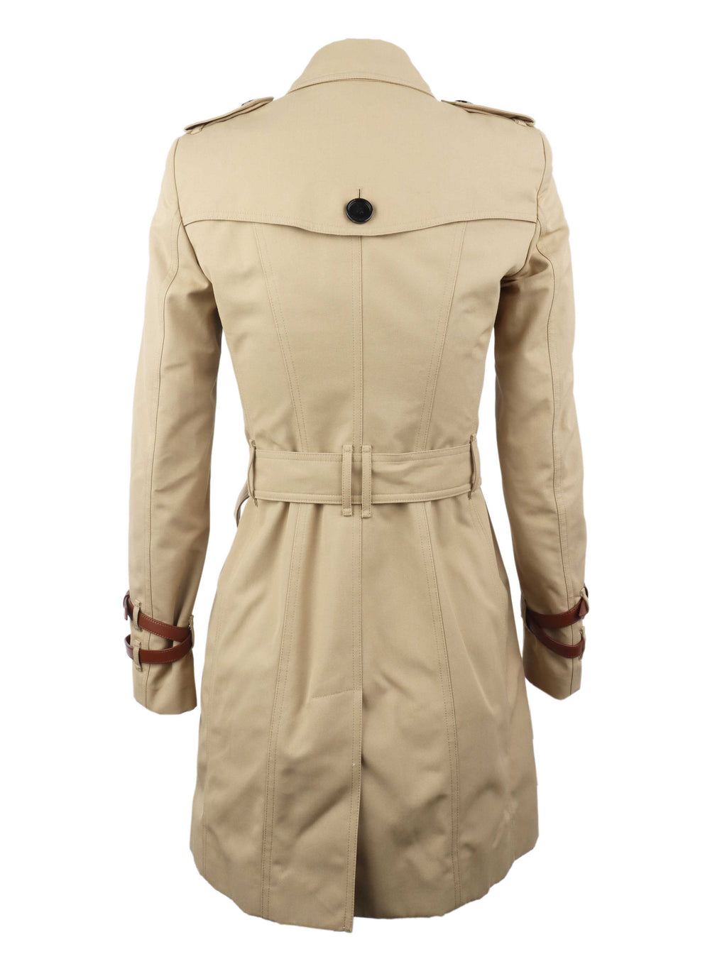 Burberry Tan Trench Coat with Leather Sleeve Straps.