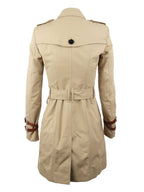 Burberry Tan Trench Coat with Leather Sleeve Straps.