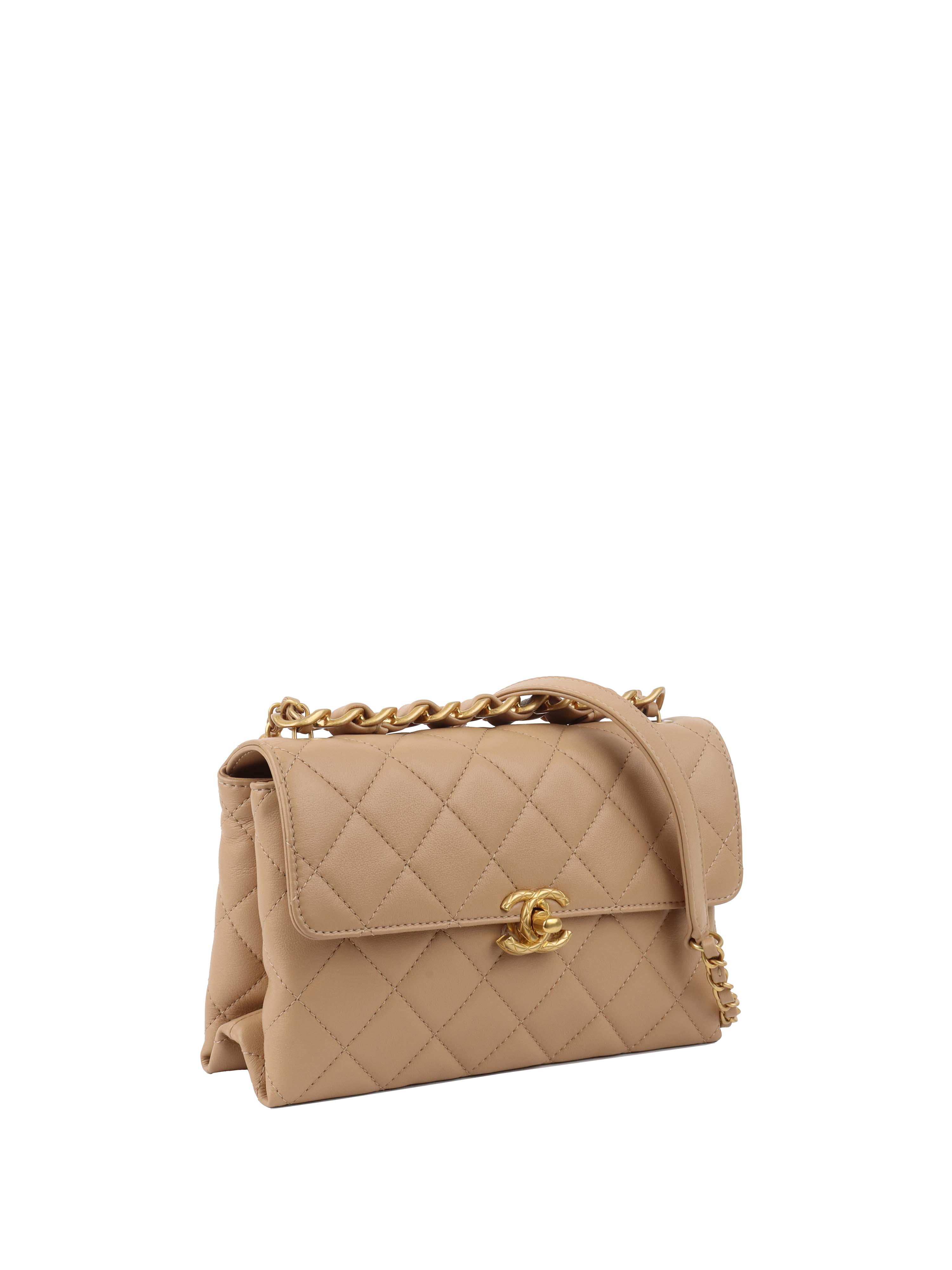 Chanel Beige Woven Chain Link Handle Flap Bag.